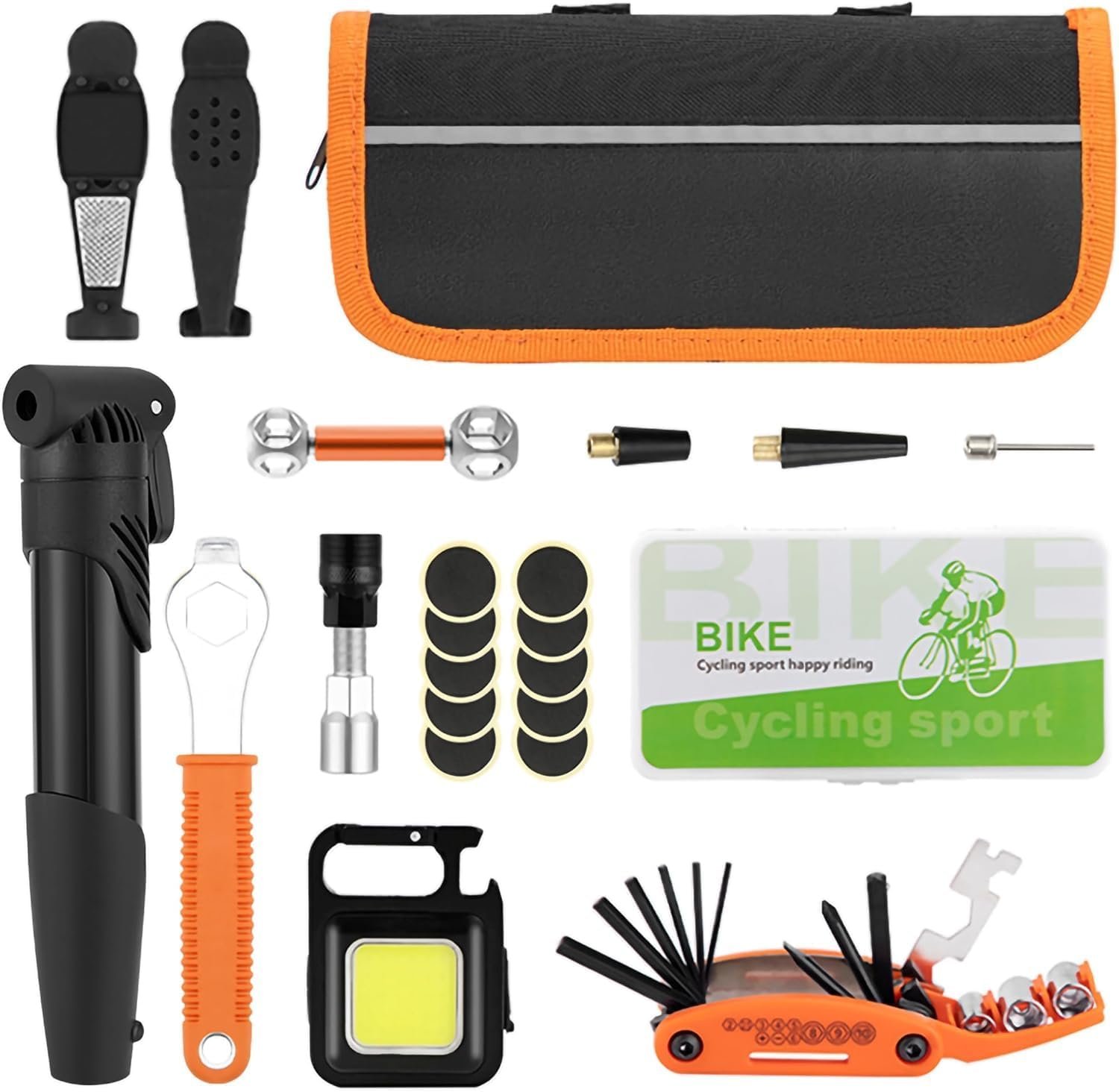 Bike Repair Kit with Pump & LED Light — 16-in-1 Portable Bicycle Tool Bag, 120 PSI, Glueless Patches, Multi-Tool for Road, Mountain, Gravel & E-Bike
