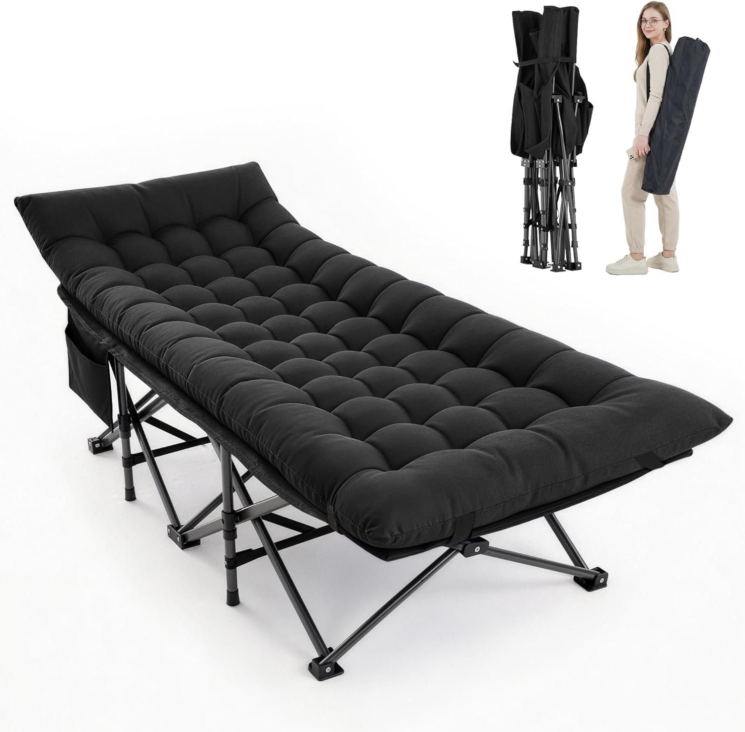 Camping Cot, Folding Camp Cot for Adults, Portable Outdoor Cot with Carry Bag & Mattress, Fast Setup, Lightweight Compact Bed for Travel, Home Office Nap (Black)