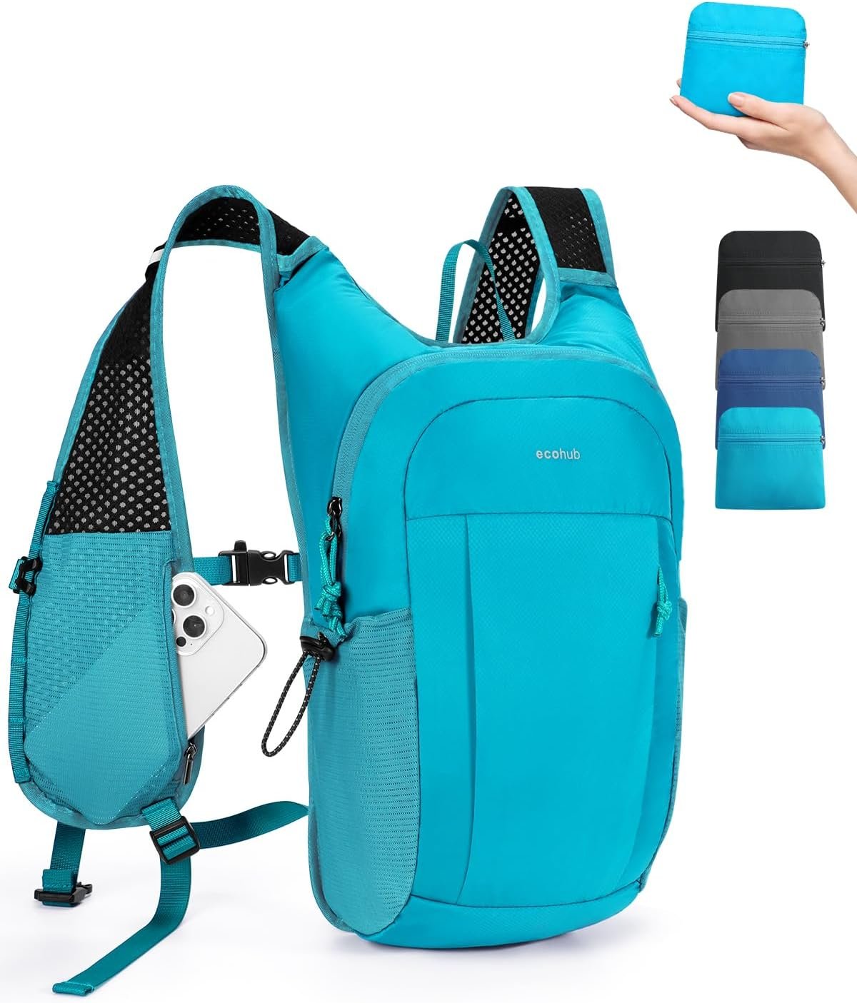 ECOHUB 15L Lightweight Packable Hiking Backpack for Travel, Small Daypack with Chest Strap & Phone Pocket, Water Resistant Foldable Backpack for Men Women