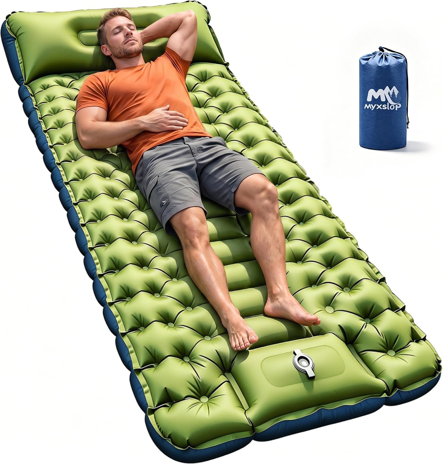 Myxslop 4.5″ Extra Thick Heavy-Duty 50D Nylon Camping Sleeping Pad: Built-in Pump & Pillow, Air-Sealing TPU Mat for Tent, Travel & Backpacking, Green