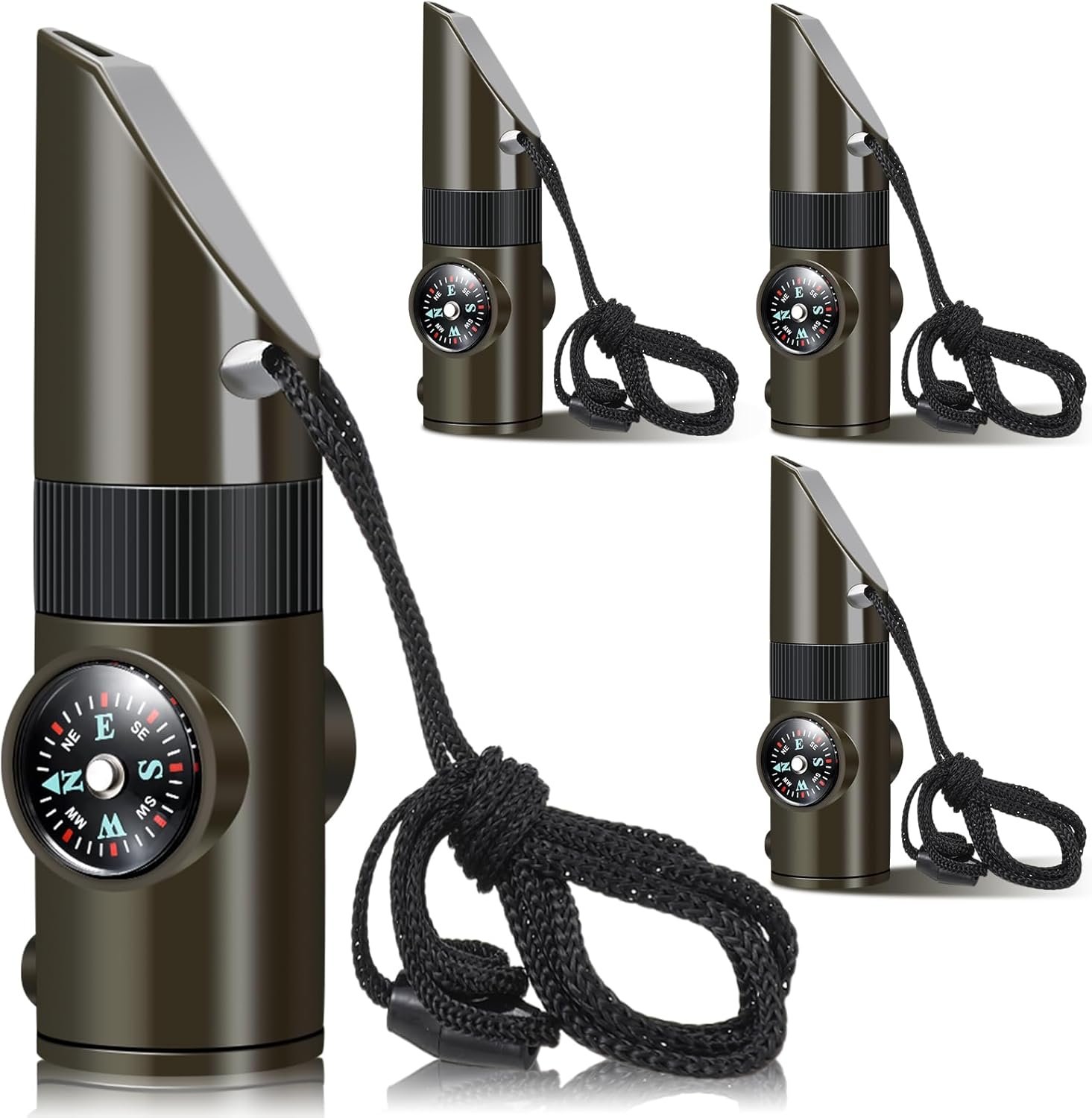 Xuhal 4 Pack Emergency Survival Whistle Loud Safety Whistle 7-in-1 Multifunctional Outdoor Survival Tool with Compass Thermometer LED Light Magnifier for Hiking Camping Boating Kayaking and Rescue