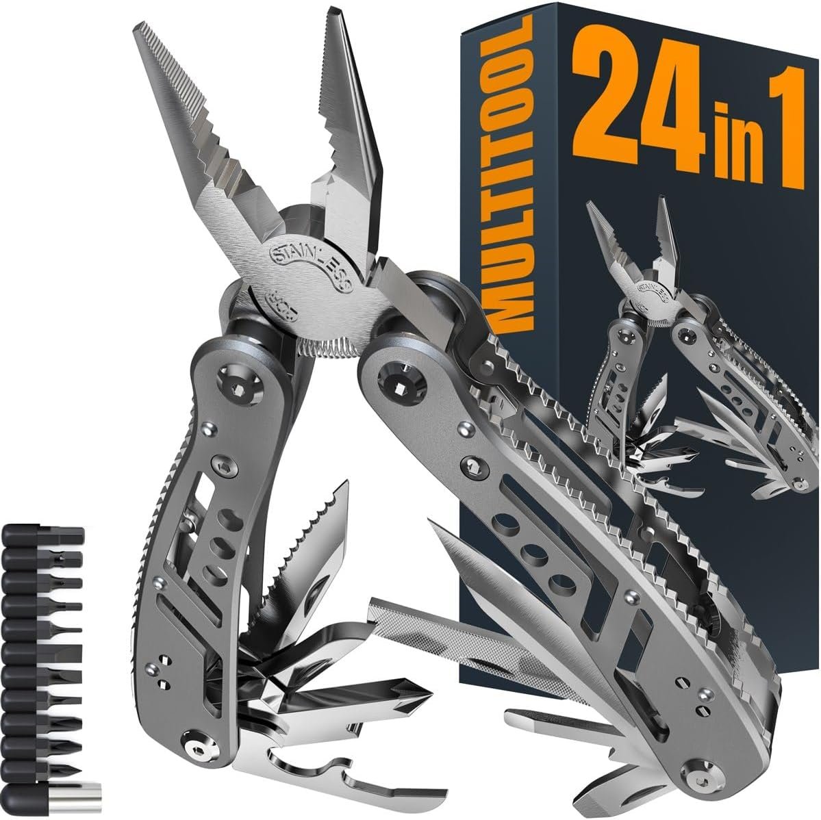 24-in-1 Multitool with Knife, Pliers & 11 Bits Sharp Stainless Steel – Multi Tool for Men – Ideal Gear with Tools for Camping Hiking, Survival, EDC – Best Gifts for Husband Boyfriend 2238