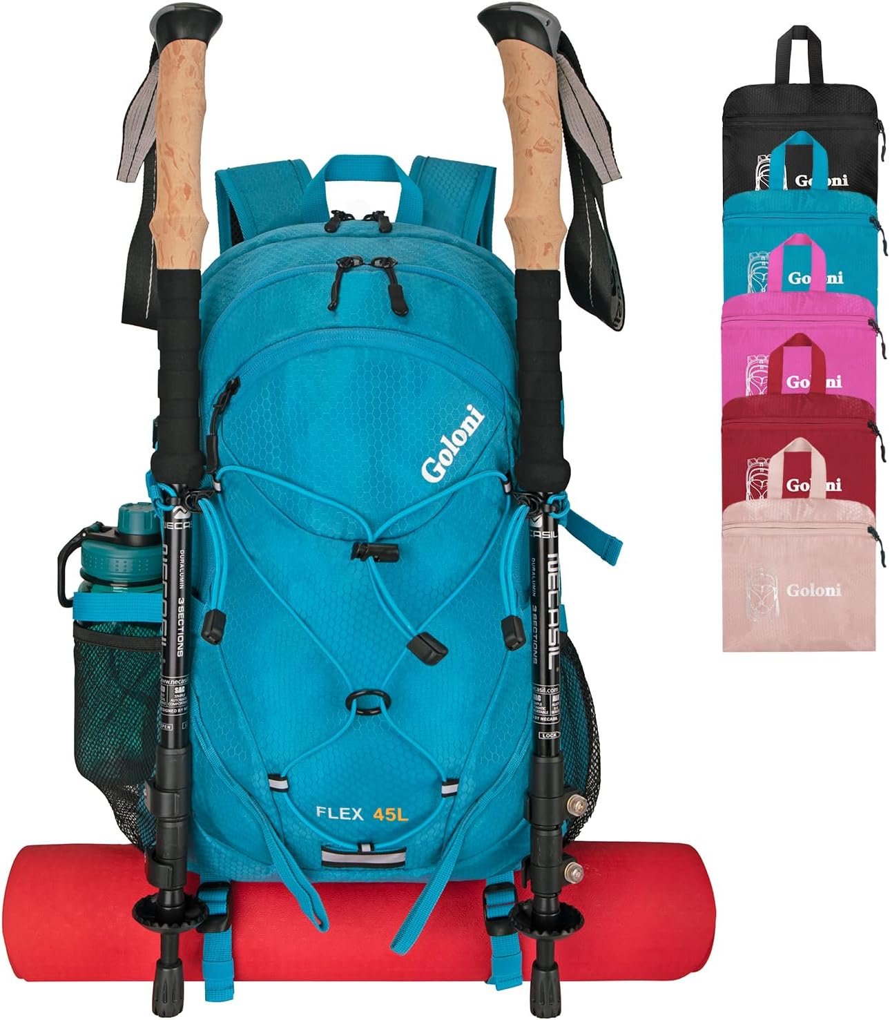 Goloni 45L Hiking Backpack Lightweight Foldable, Waterproof Camping Backpack with Rain Cover & Hiking Pole Mat Carrying System, Ergonomic Water Resistant Daypack for Trekking Travel Men Women Blue