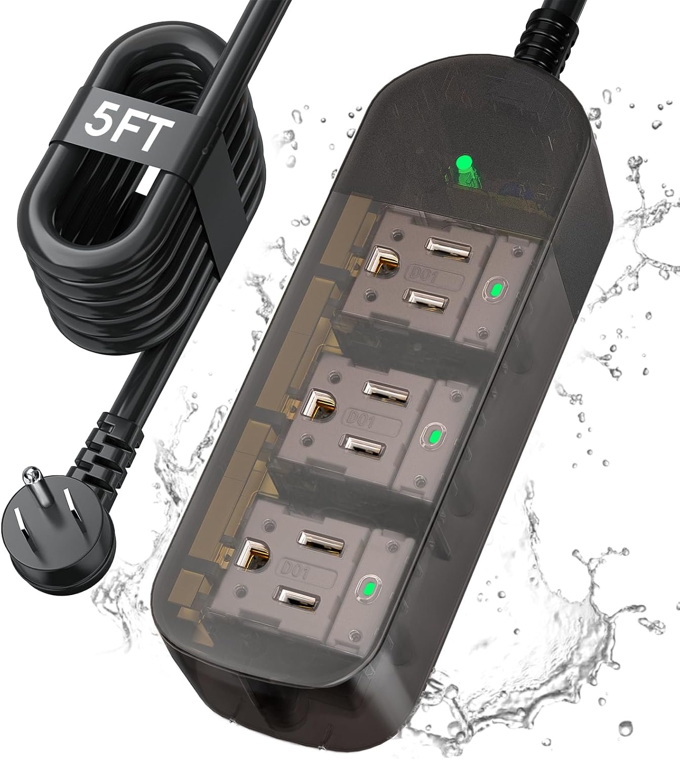 Outdoor Power Strip Weatherproof, Transparent IPX6 Waterproof Surge Protector with 3 Wide Outlets, 1625W/13A, 5FT Extension Cord, Wall Mountable for Indoor Outdoor, UL FCC Listed