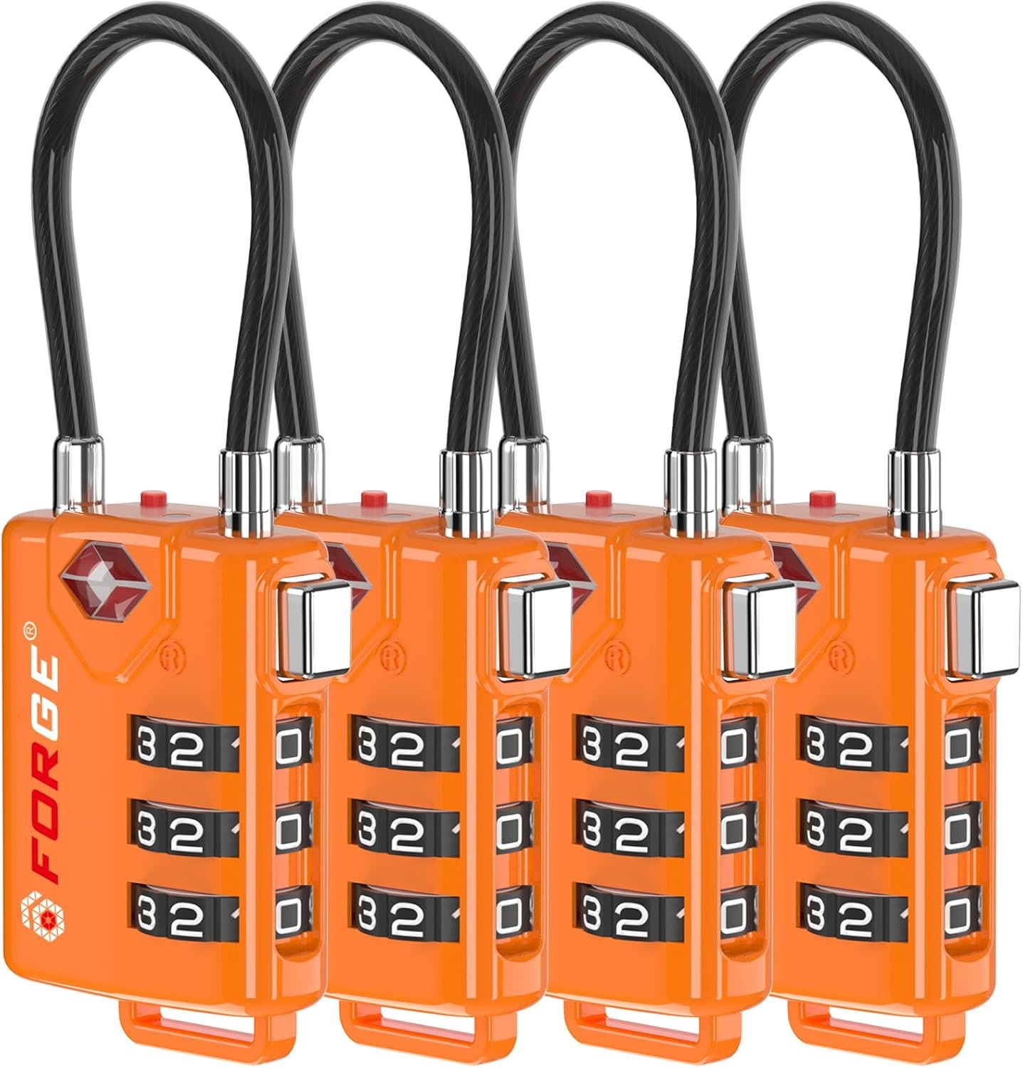 TSA Approved Cable Luggage Locks, Re-settable Combination with Alloy Body, Orange 4 Locks.