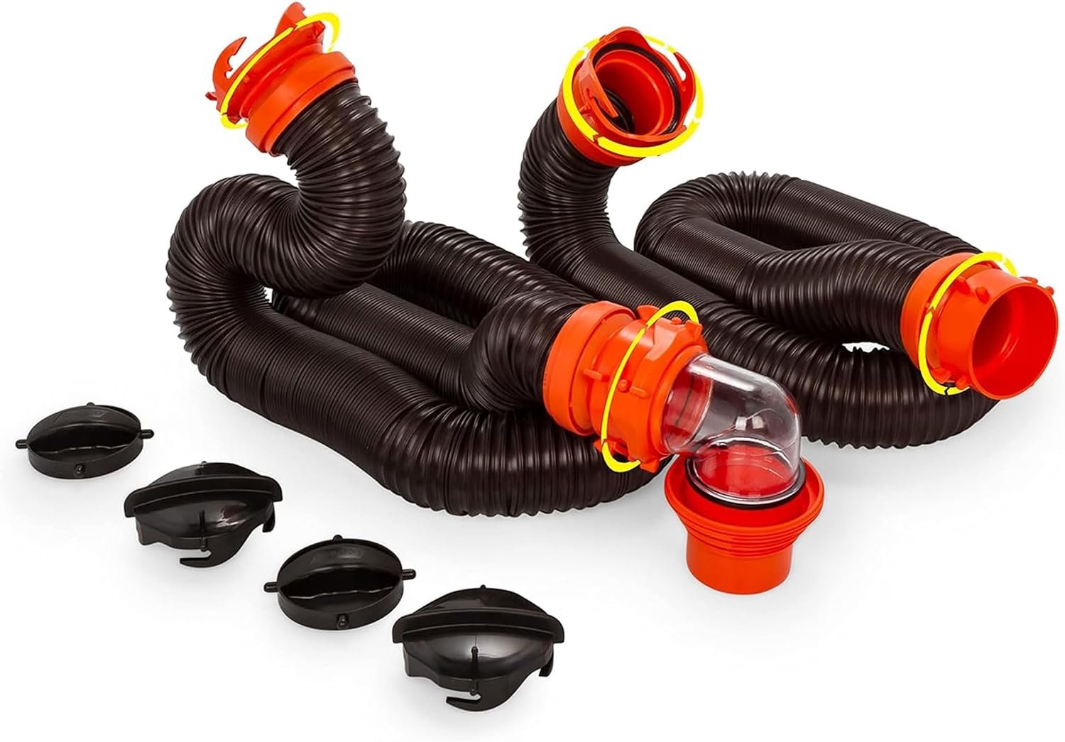 Camco RhinoFLEX Camper/RV Sewer Hose Kit with 4-in-1 Adapter & Clear Elbow, Includes Caps for Convenient Storage, Fits 3″ Slip & NPT Threaded Sewer Connections