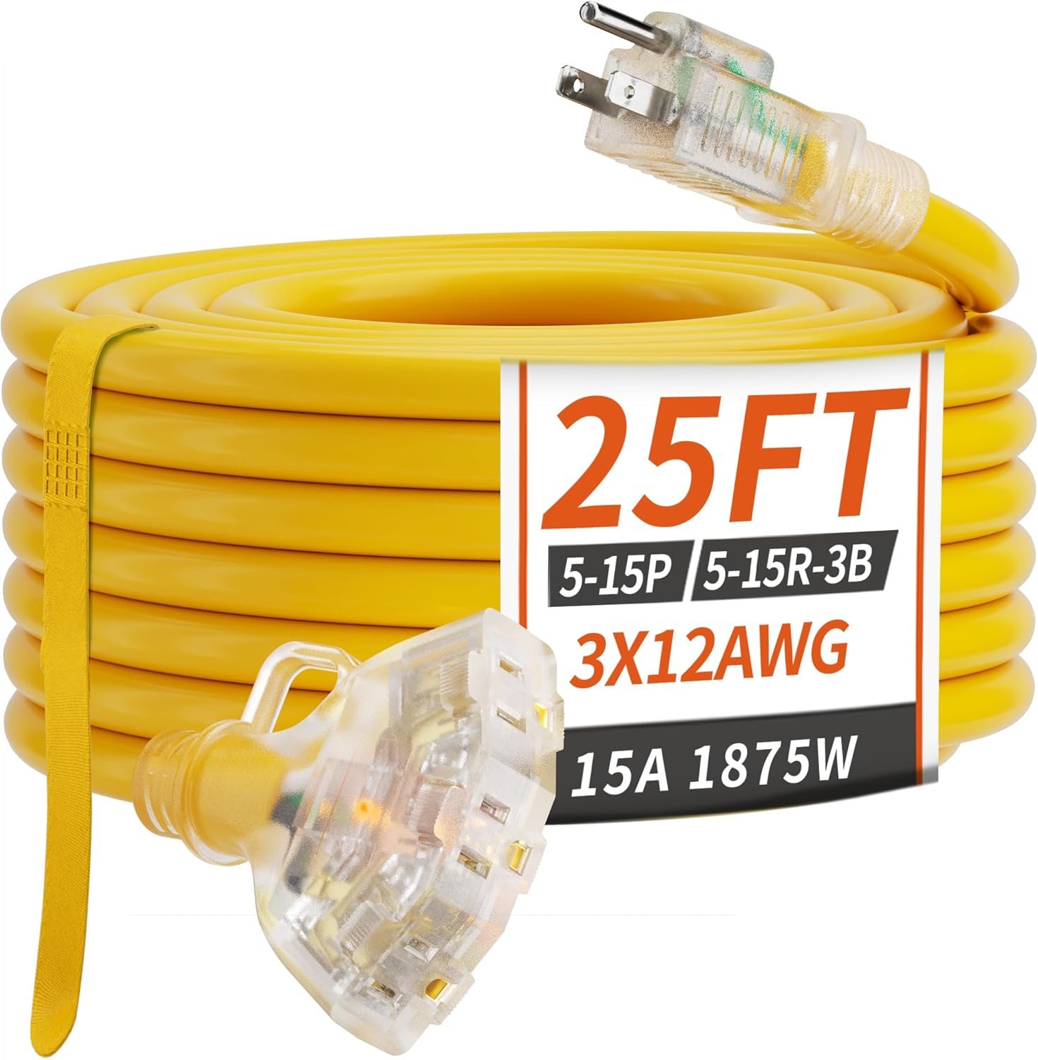 PlugSaf 25 FT 12/3 Gauge Outdoor Extension Cord with Multiple Outlets Light Indicator, Flexible 3 Outlet Weatherproof Heavy Duty Extension Cord Waterproof Yellow, 15A 1875W 12AWG SJTW, ETL Listed