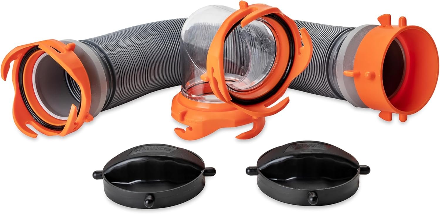 Camco Heavy-Duty Camper/RV Tote Tank Sewer Hose Kit | Features 90-Degree Clear Elbow w/ 2 Swivel Bayonet Ends & 2 Bayonet Fitting Storage Caps | Compresses for RV Storage and Organization (39645)