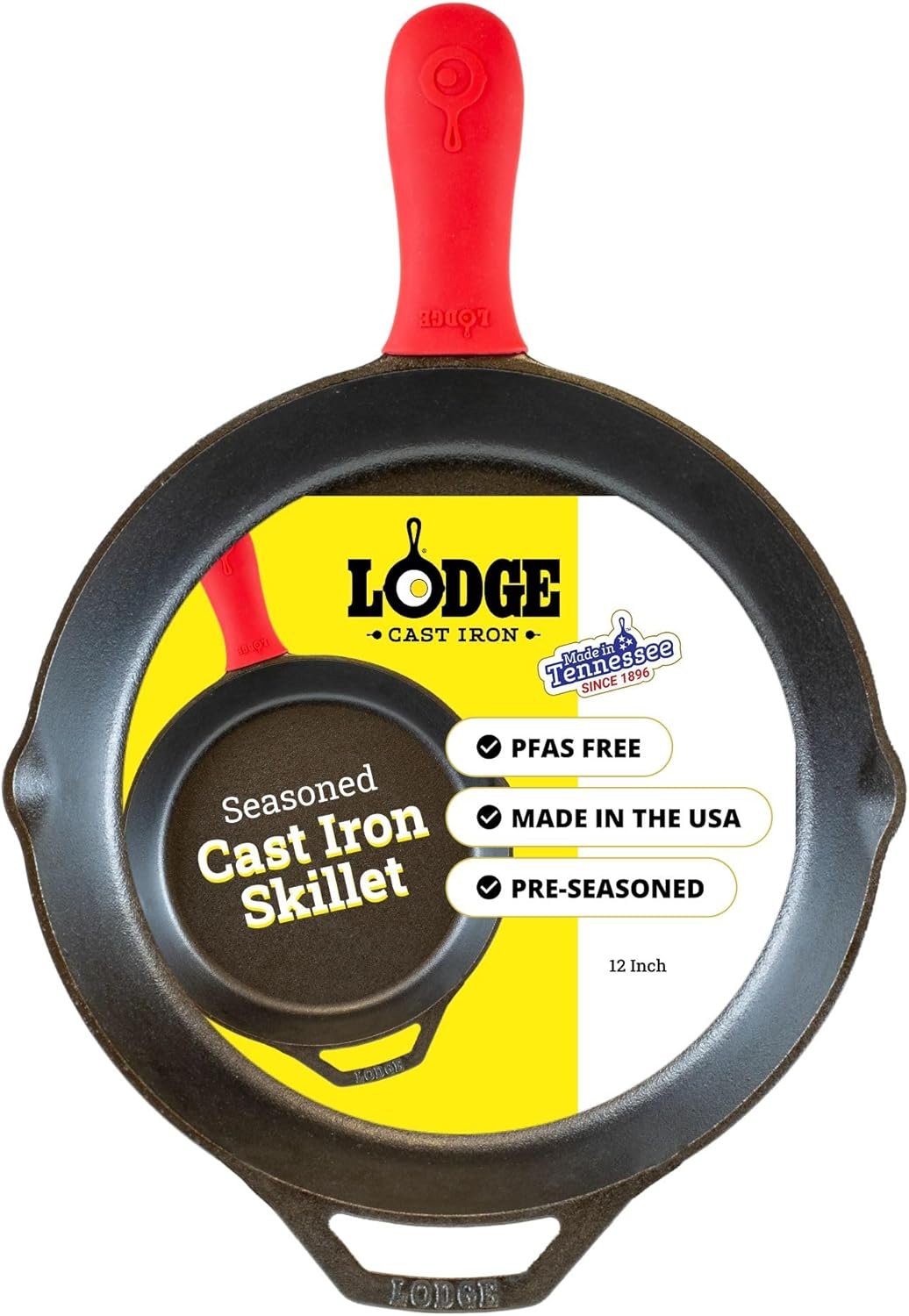 Lodge Seasoned Cast Iron Skillet 12 Inches – Quality Frying Pan for the Stove, Oven, Grill & Campfire – Includes Silicone Hot Handle Holder – Non-Toxic, Nonstick & Long-Lasting