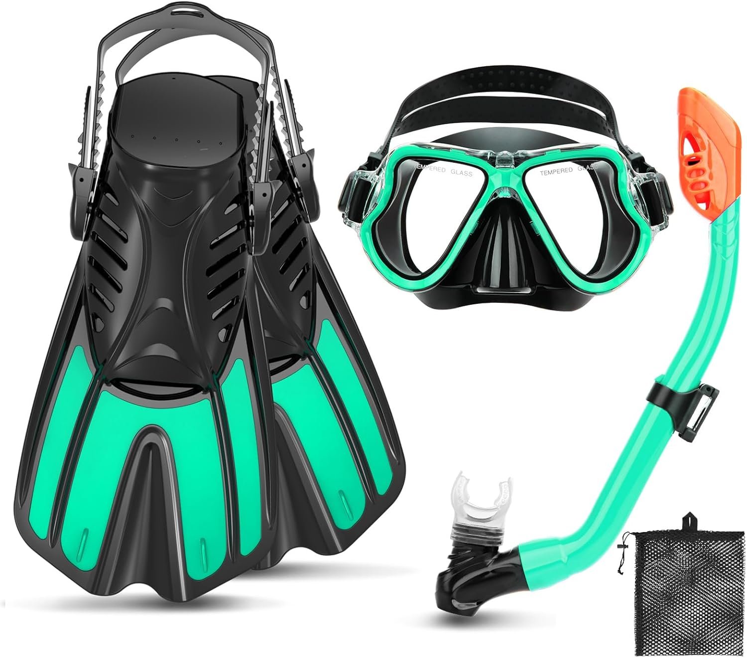 Snorkeling Gear for Kids, 4 in 1 Child Mask Fins Snorkel Set with Panoramic View Anti Fog Mask, Dry Top Snorkel, Trek Fins and Travel Bag, Kids Snorkeling Set with Fins for Snorkeling Swimming