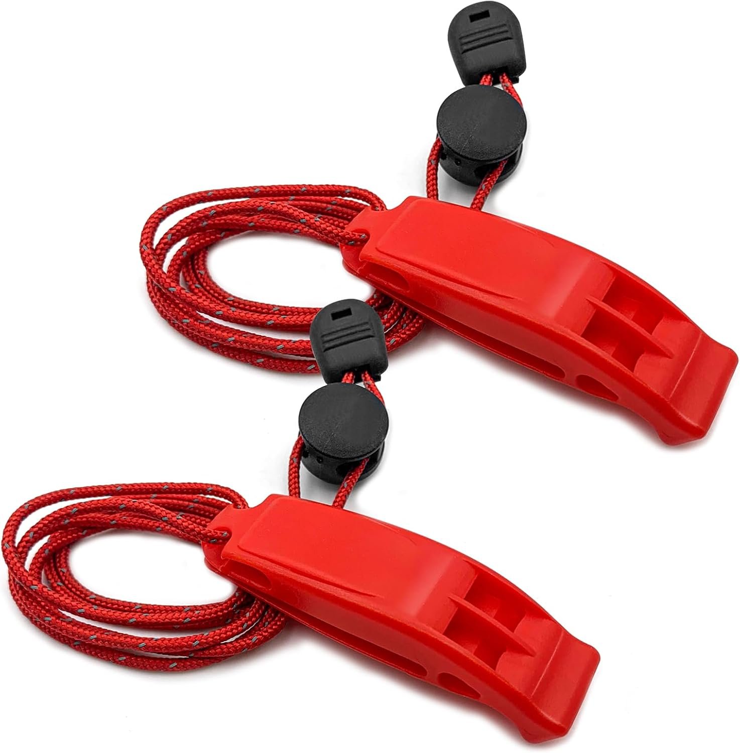 Emergency Whistles Survival, 2PCs Super Loud Double Tube Safety Whistles with Adjustable Reflective Lanyard, Waterproof Boat Whistle for Life Vest Jacket, Kayak, Hiking, Kids (Red)