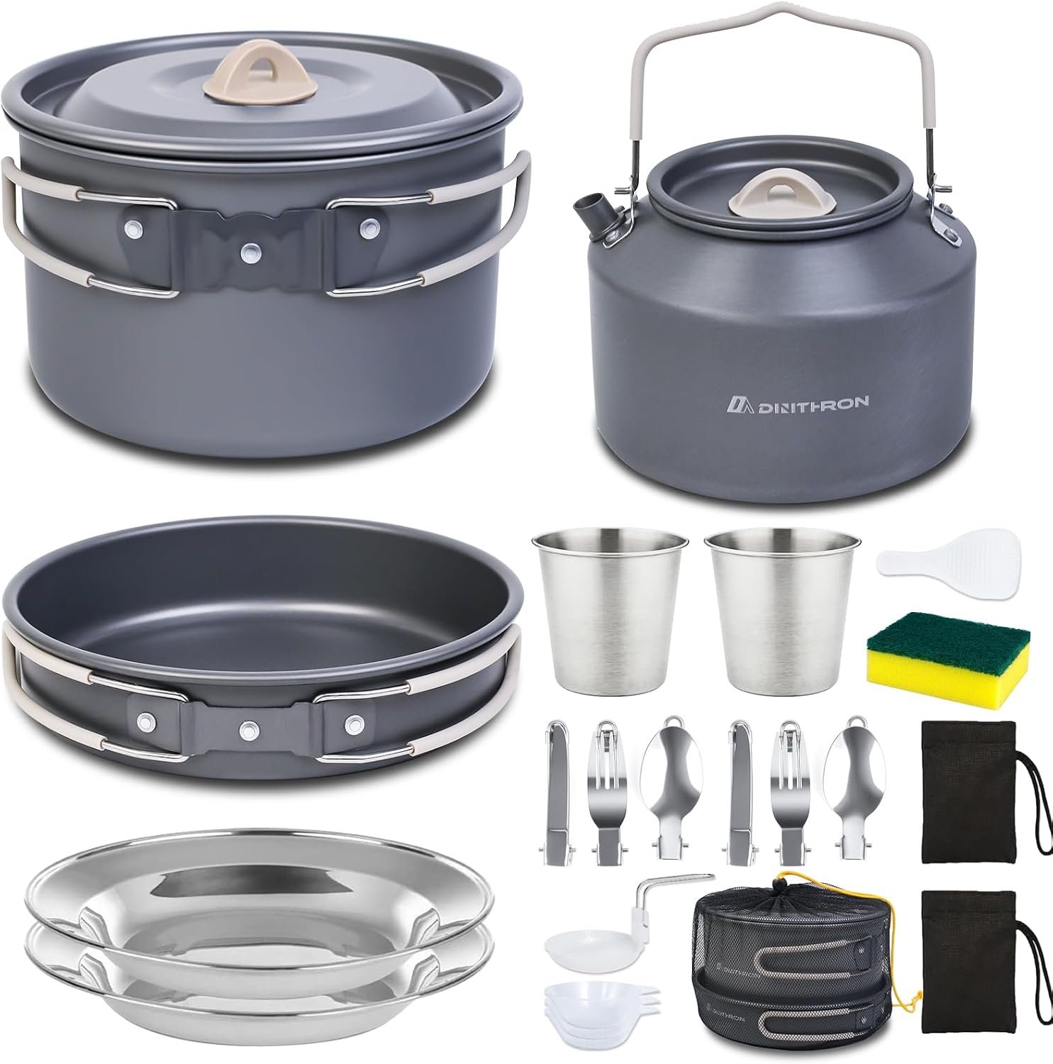 22pcs Camping Cookware Set, Mess Kit with Nonstick Pots, Pans, 1.6L Kettle | Nested storage, foldable handles, approx. 1 kg pack weight, for backpacking, hiking, RV trips and weekend camping