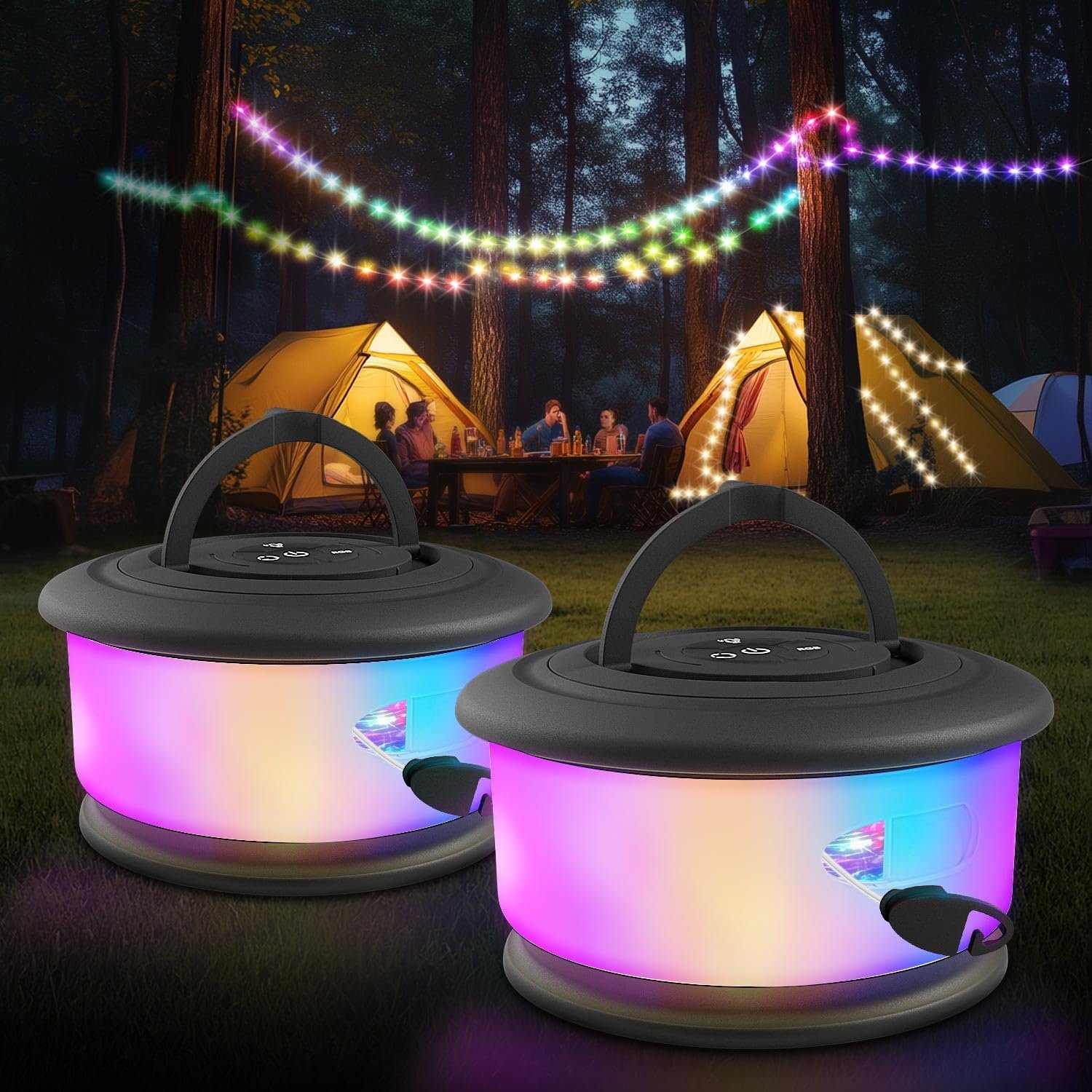 2pcs Camping String Lights,2 in 1 Upgraded 32.8FT Rechargeable Tent Lights String with 19 Lighting Modes,Quick Storage camping lights，Portable LED Lamp for Bedroom Yard Decor Christmas (Black)
