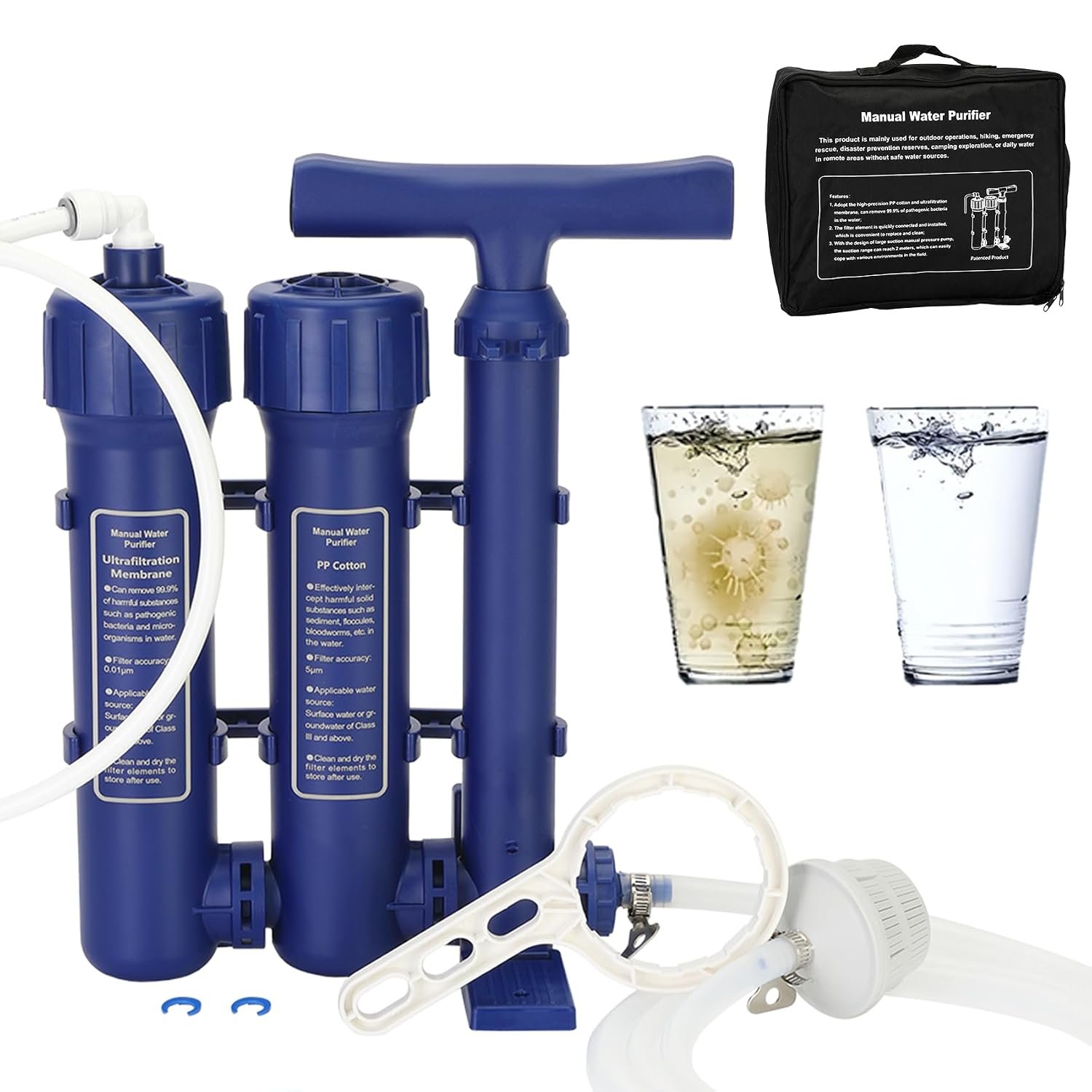 Emergency Water Filter Large Water Filtration System Survival – Hand Pump Water Filter, High Volume Water Purifier Camping, 3 Stage Water Filtration System Outdoor Portable Group Military Grade