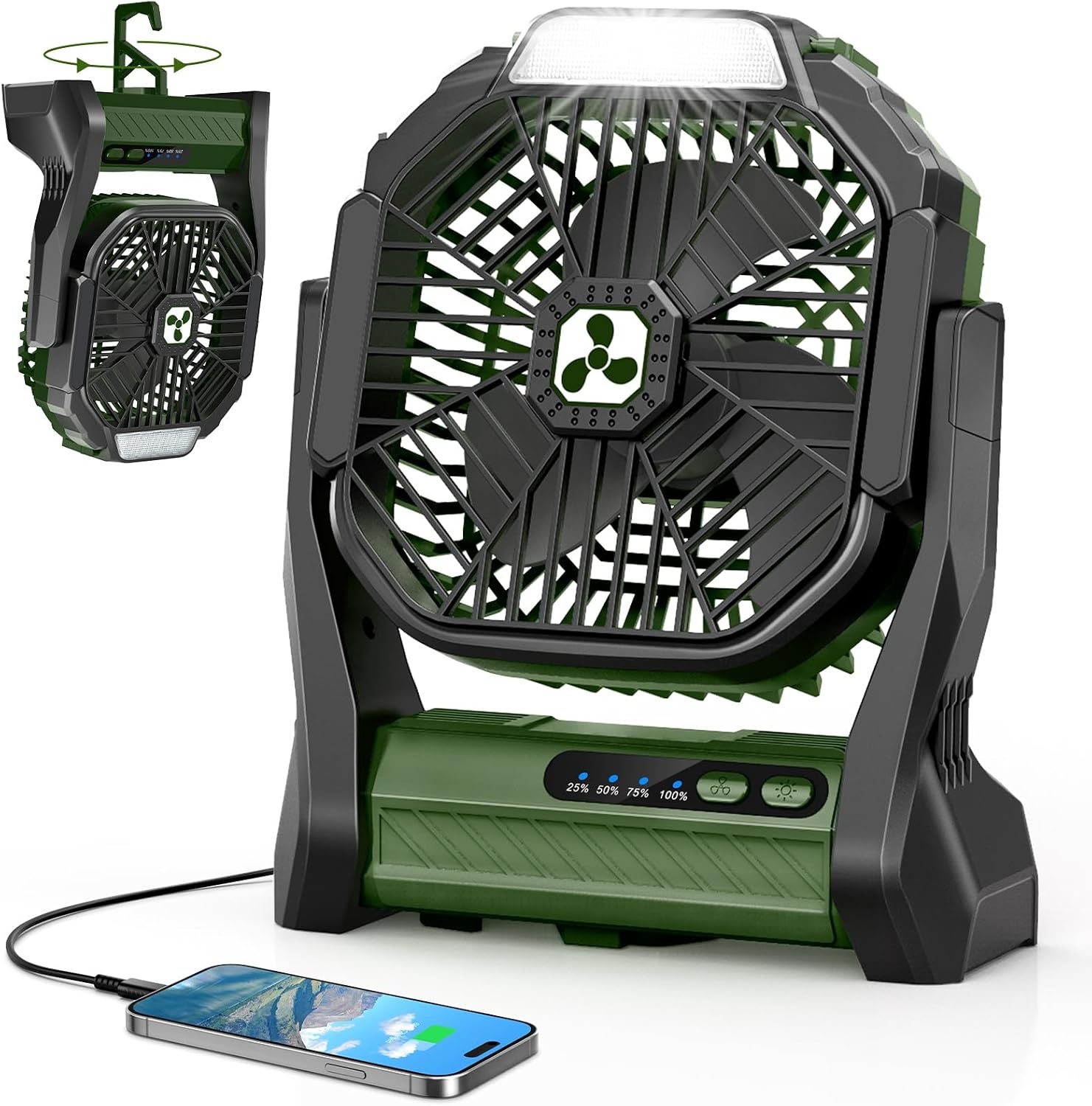 Portable Rechargeable Fan, 20000mAh Cordless Battery Powered Camping Tent Fan with LED Lantern, Small Operated Outdoor Ventilador for Travel Camp Fishing Picnic Home Power Outage Emergency