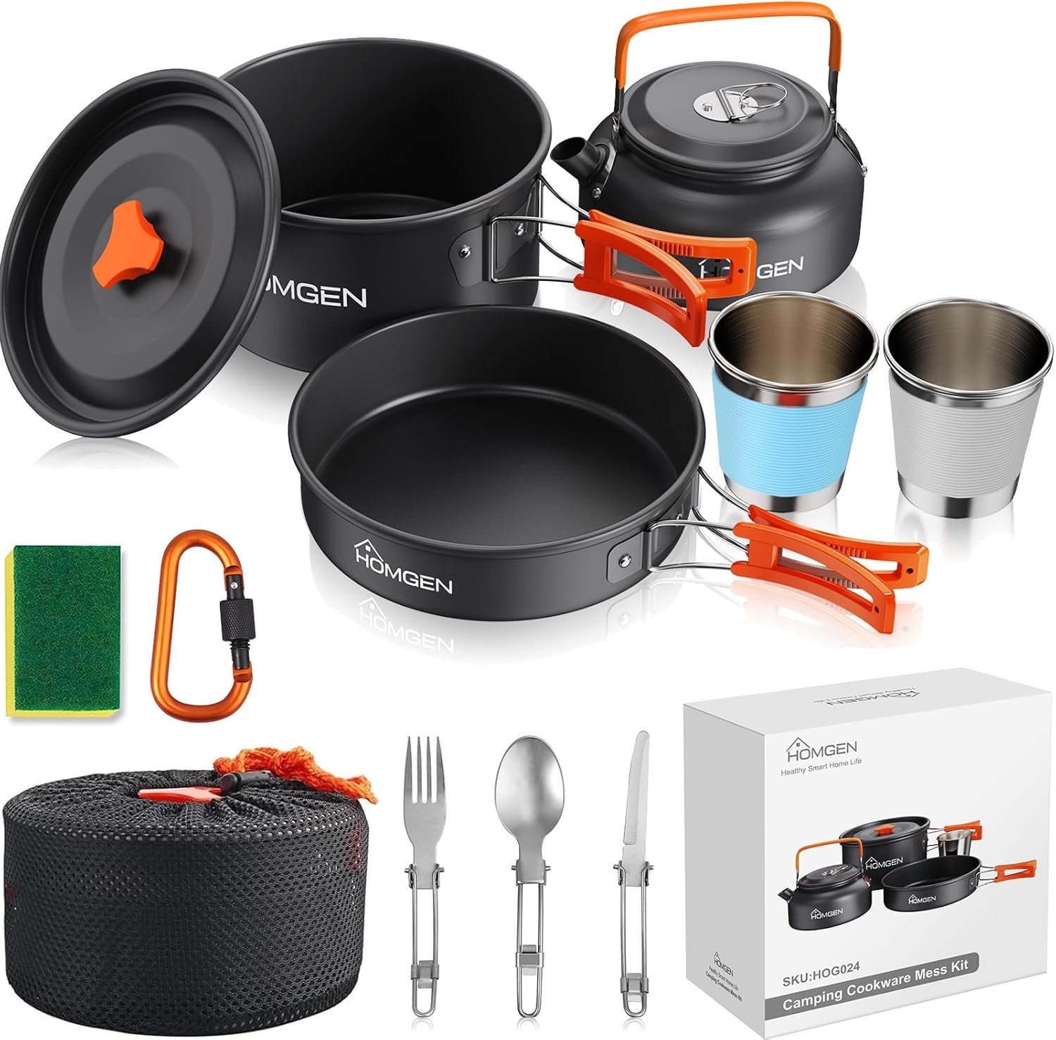 HOMGEN Portable Ultralight Anodized Aluminum Camping Cookware Set – Nesting Camping Pot and Pan-800ml Insulated Teapot-Carrying Bag-for Camping Hiking Picnic RV Trip
