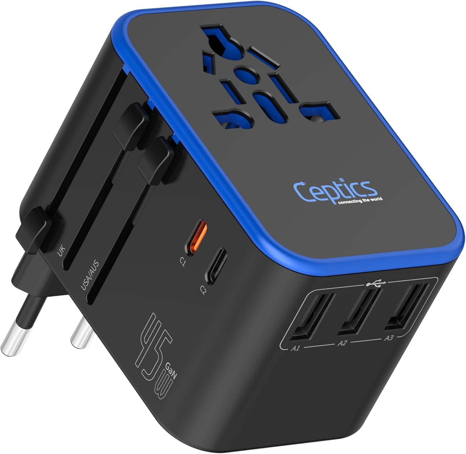 Ceptics Universal Travel Adapter, 45W International Power Adapter with PD & QC 3.0 Dual USB-C, 3 USB Travel Adapter Worldwide, Type I C G A Outlets – EU Euro US UK (11-KU)