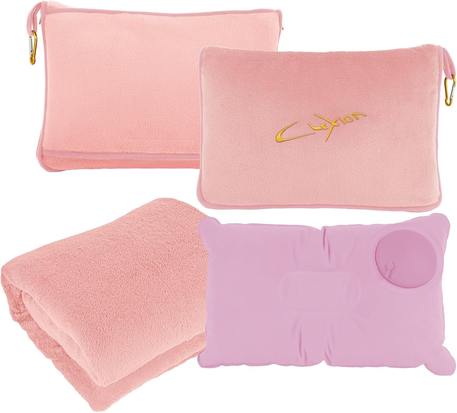 Travel Blanket and Pillow Set, 300 GSM Soft Fleece, 60×43 Inches, 3-in-1 Compact with Bag, Pink