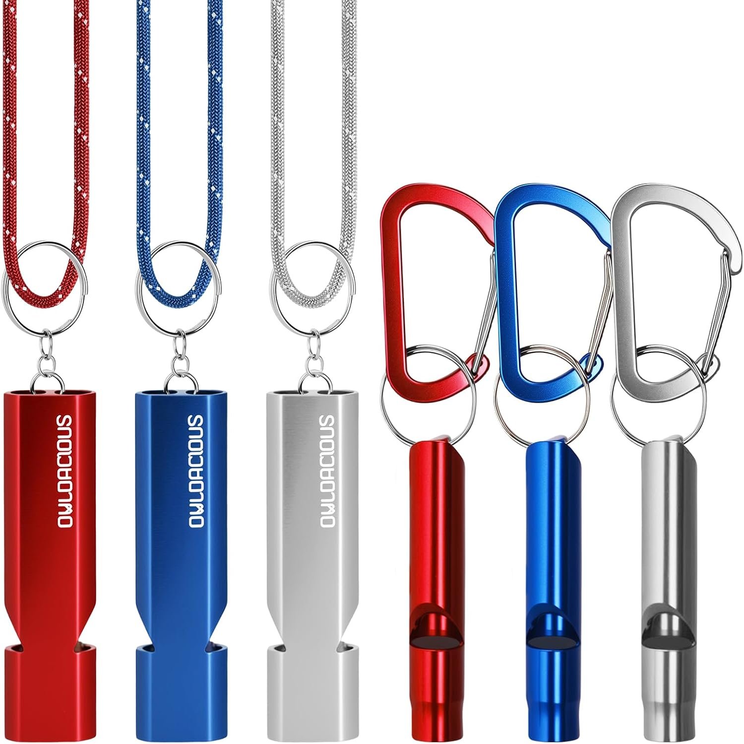 Emergency Whistle Set, 120dB Loud Safety Whistles – 6 Pack Dual Size Aluminum Whistles, 3 Paracord Lanyards, 3 Carabiners for Personal Safety, Camping, Hiking, Survival, Marine Rescue