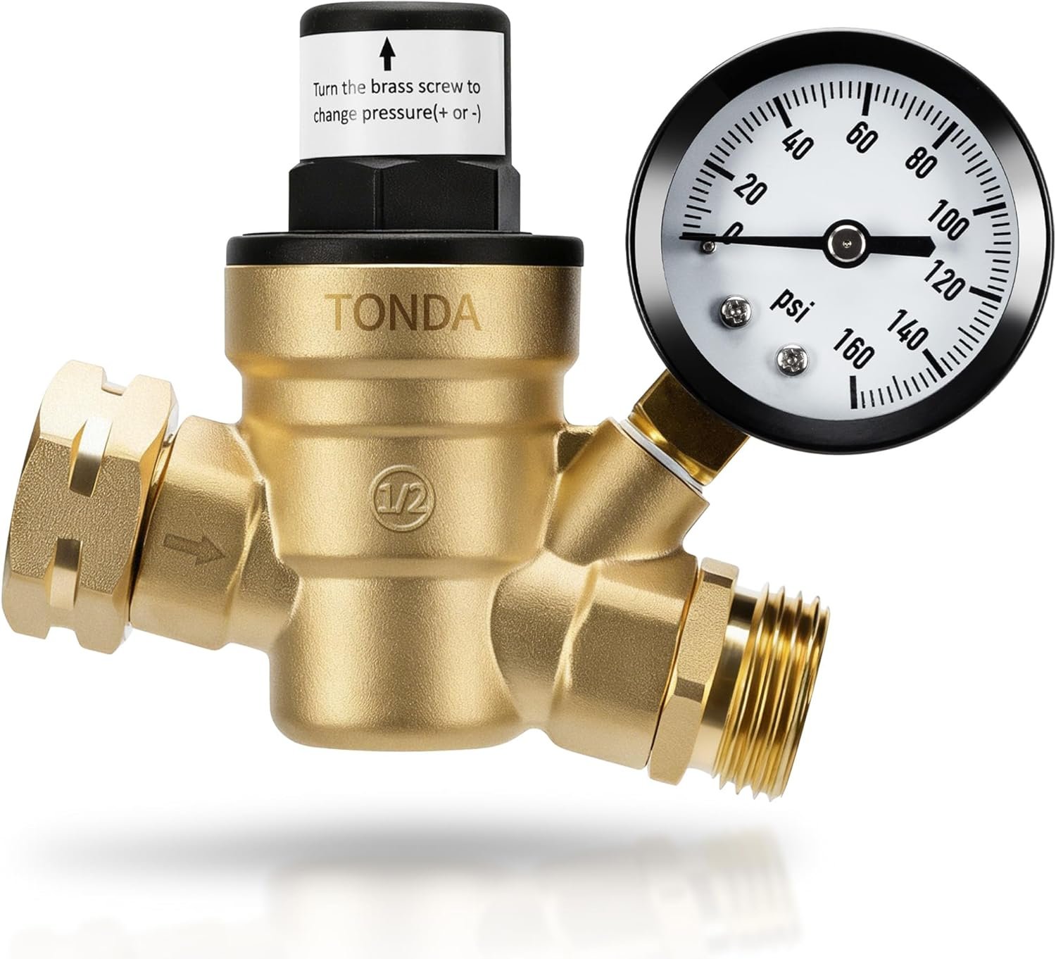 TONDA RV Water Pressure Regulator, Brass Lead-Free Adjustable Pressure Regulator with Gauge and Inlet Screen Filter for RV Camper Travel Trailer Water Hose