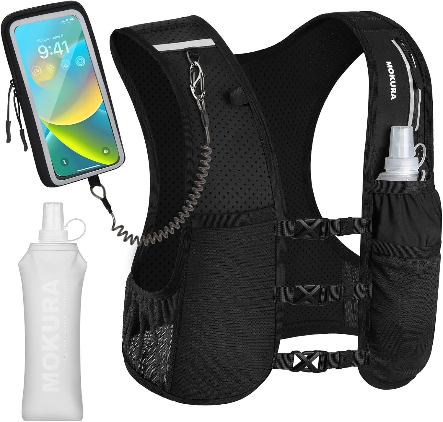 MOKURA Running Vest for Women Men, Lightweight Hydration Vest with 500ML Soft Flask & Phone Holder, Reflective Running Backpack, Adjustable Run Pack Water Bottle, Runner Marathon Essentials