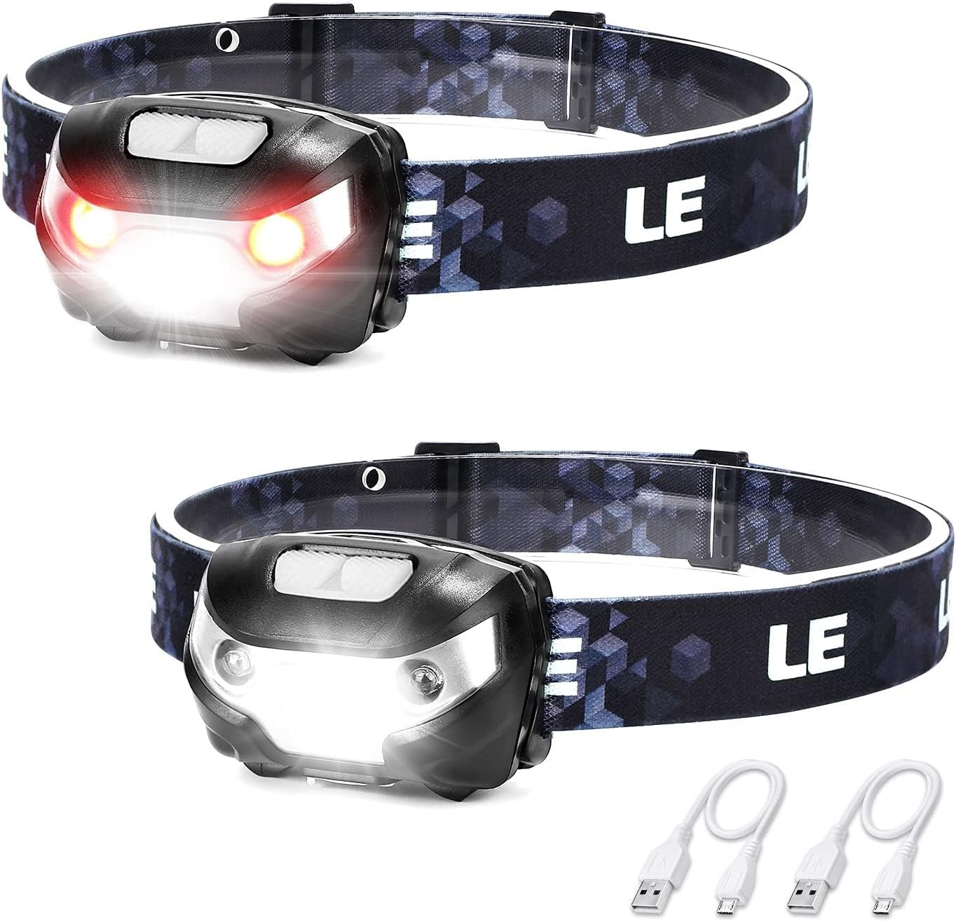 Lighting EVER LED Headlamp Rechargeable 2 Packs – Super Bright Head Lamp with 5 Modes for Camping & Hiking Gear Essentials, IPX4 Waterproof Headlight Flashlight with Red Light, USB Cable Included