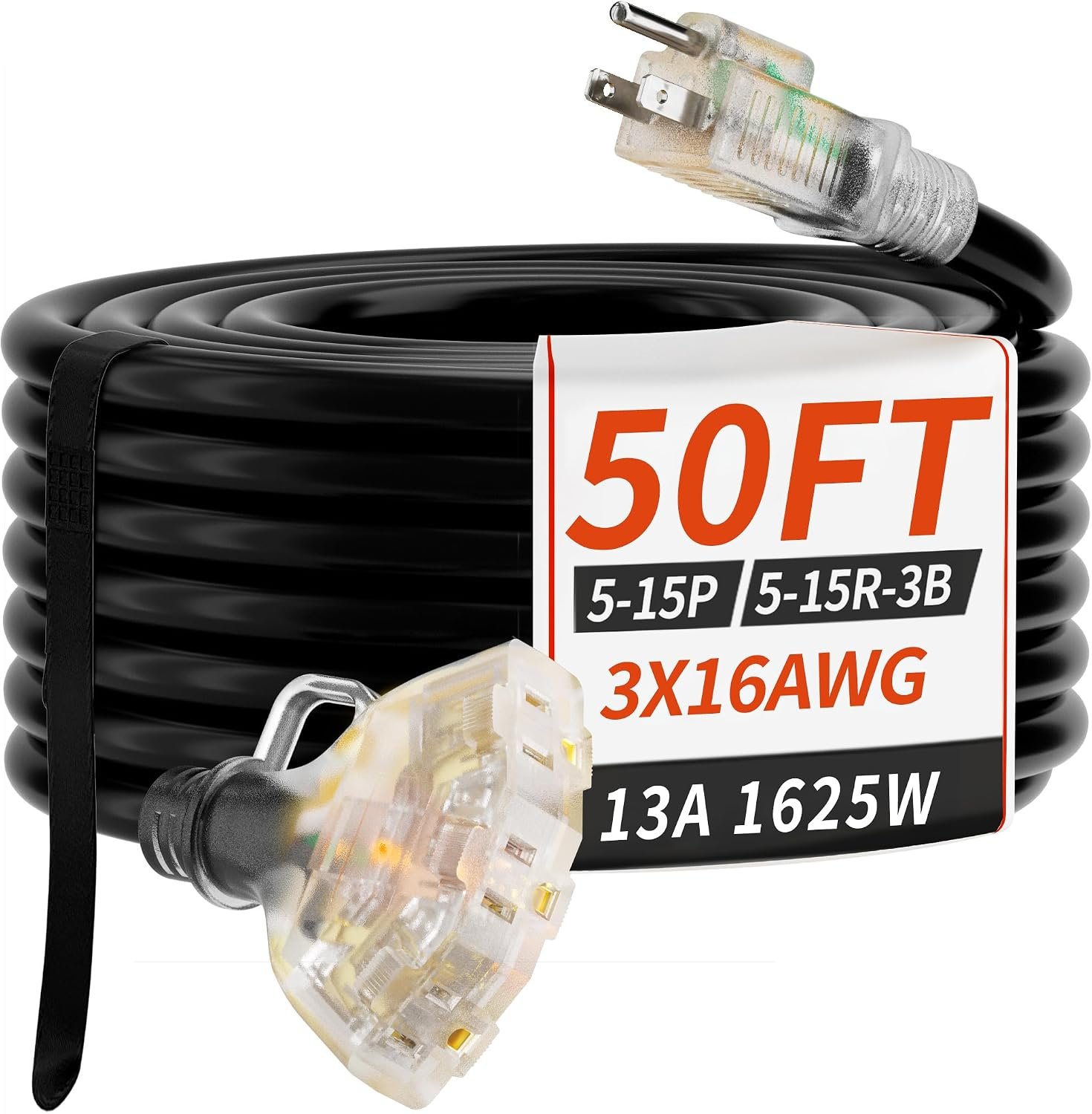 PlugSaf 50 FT 16/3 Gauge Outdoor Extension Cord with Multiple Outlets Light Indicator, Flexible 3 Outlet Weatherproof Extension Cord Waterproof Black, 13A 1625W 16AWG SJTW, ETL Listed