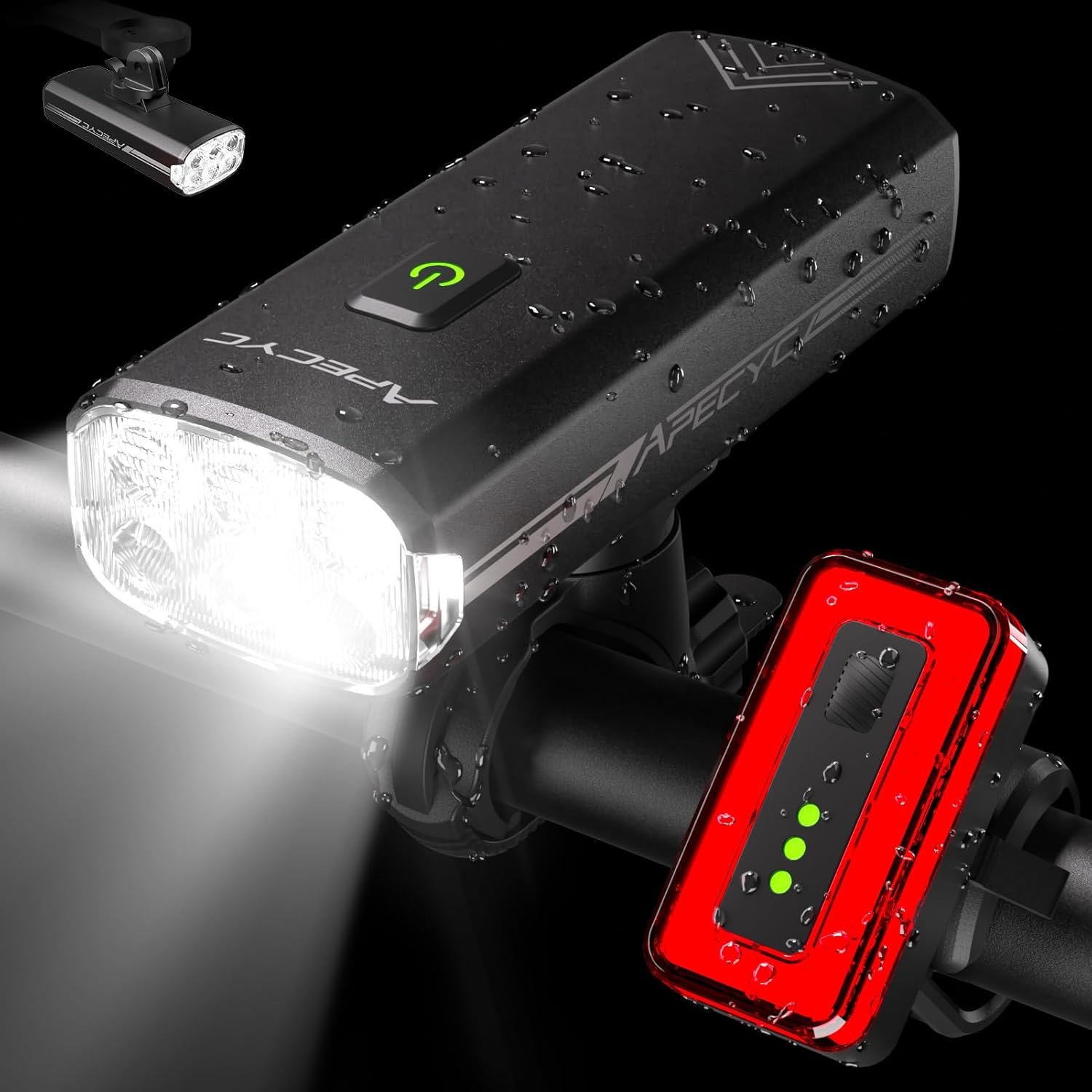 APECYC Bike Lights for Night Riding, 2000LM Rechargeable Front and Rear Set | 180° Wide Beam, Anti-Glare Cutoff, USB-C Rechargeable, Compatible with Garmin, Bicycle Light Set for Road, MTB & Commuting