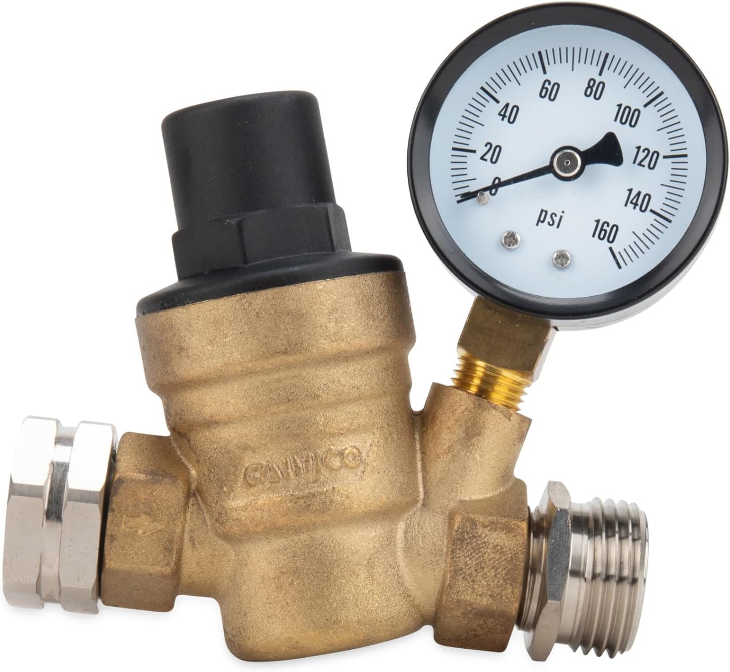 Camco Adjustable RV Water Pressure Regulator – Help Stop Damage to RV & Marine Appliances, Plumbing Fixtures, and Hoses – Features Standard Garden Hose Threads for Simple Hookup – 40058