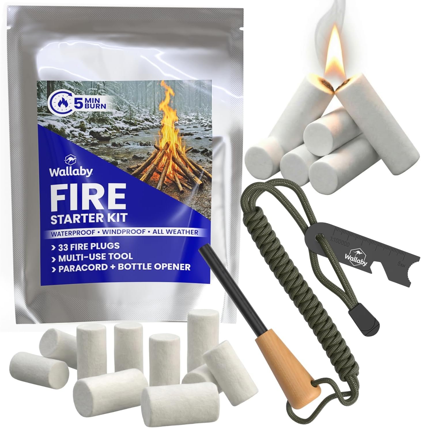 Wallaby Fire Starter Kit – 33 Waterproof Plugs in Metal Tin + Flint Rod Striker Multi-Tool, Pocket Survival Guide, Airtight Mylar Storage Bag – Camping, Emergency, Grill, Fire Pit