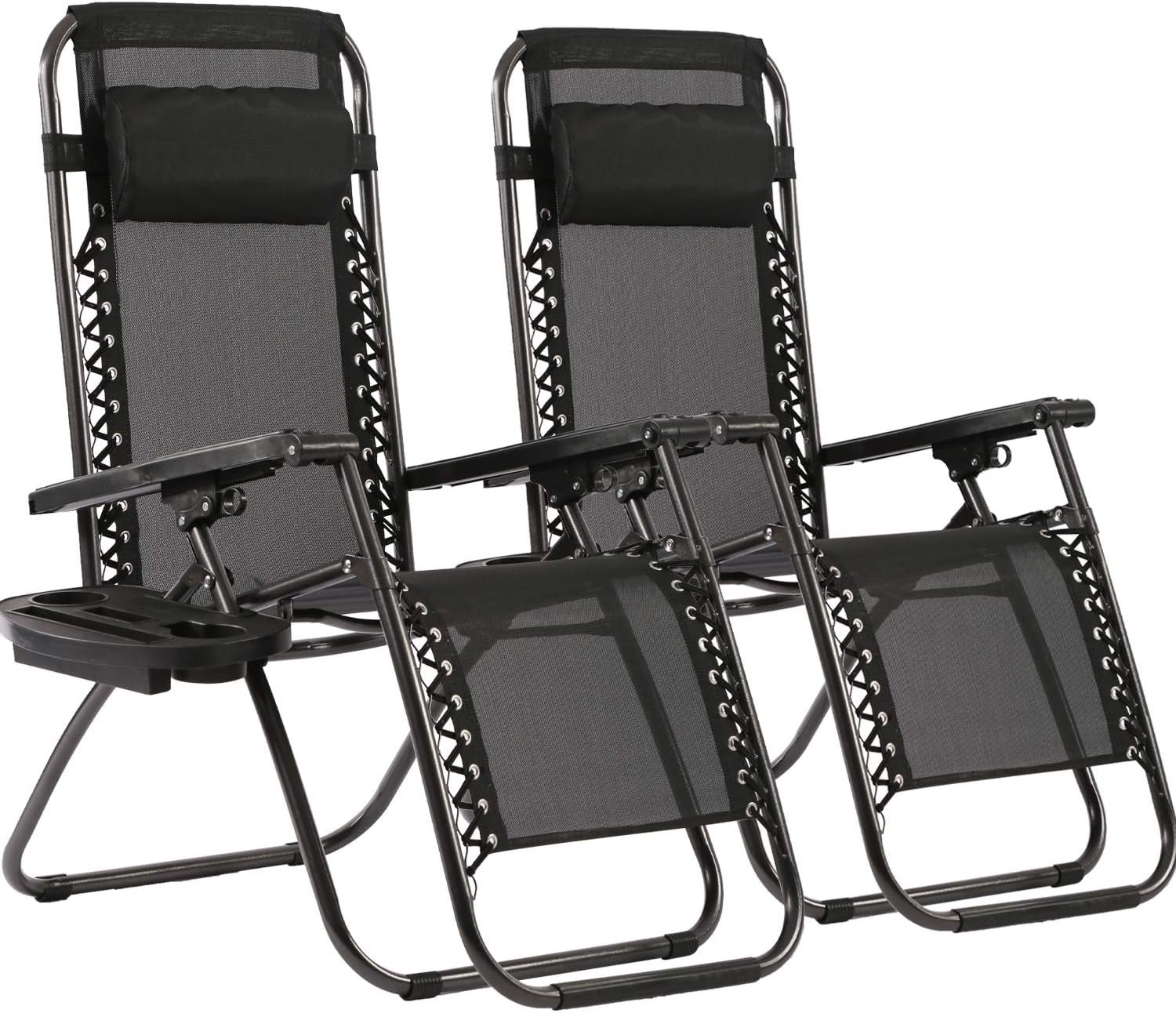 FDW Zero Gravity Lawn Lounge Chairs Set of 2 with Pillow and Cup Holder – Adjustable Reclining Folding Outdoor Chairs for Deck, Beach, Yard