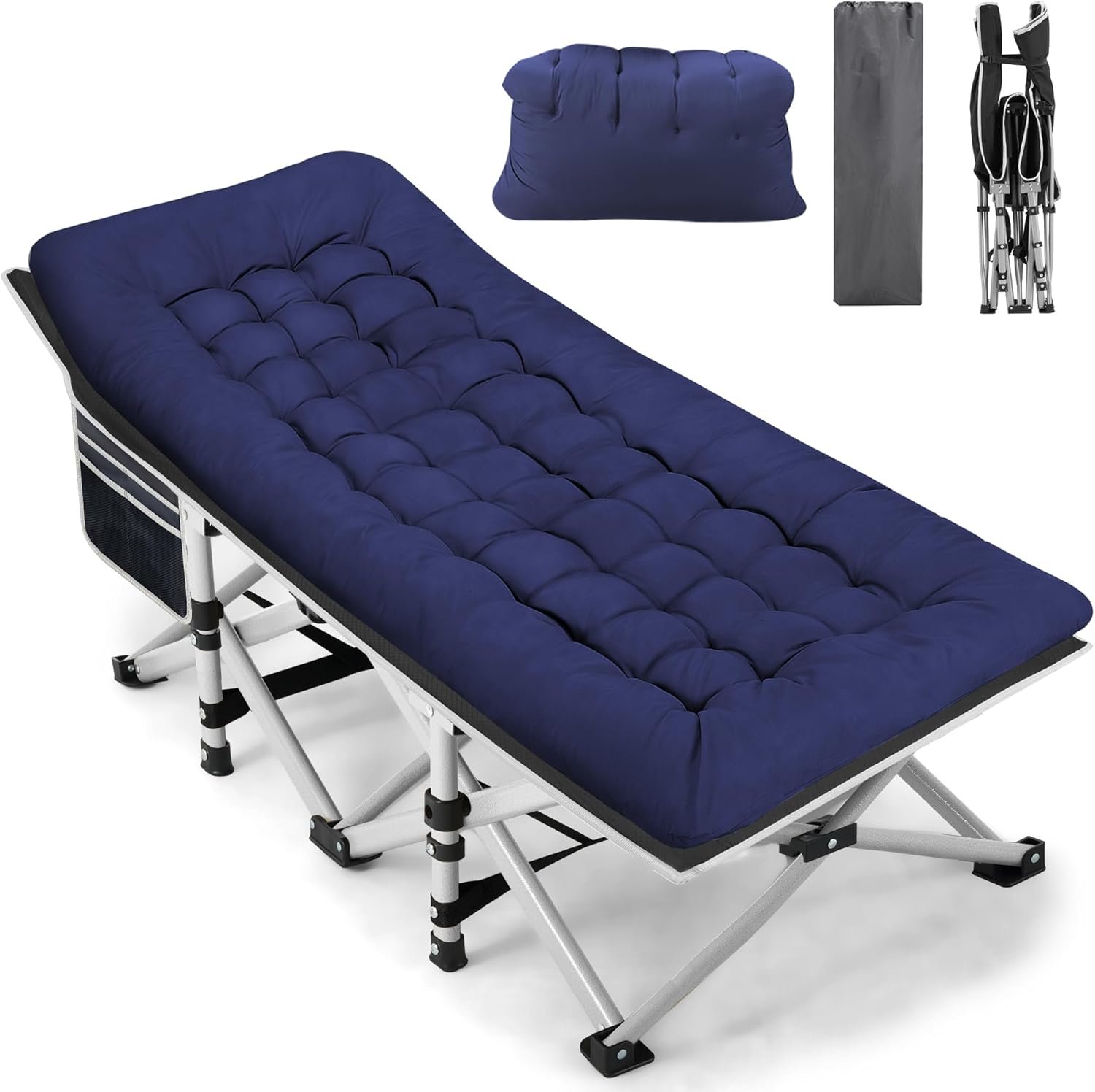 Fragess Portable Camping Cot, Sleeping Cot for Adult, 28″ Extra Wide Heavy Duty Folding Cot Max Load 600LBS with Thick Mattress, Portable Camping Bed for Camp Outdoor/Office, Home Nap (Blue)
