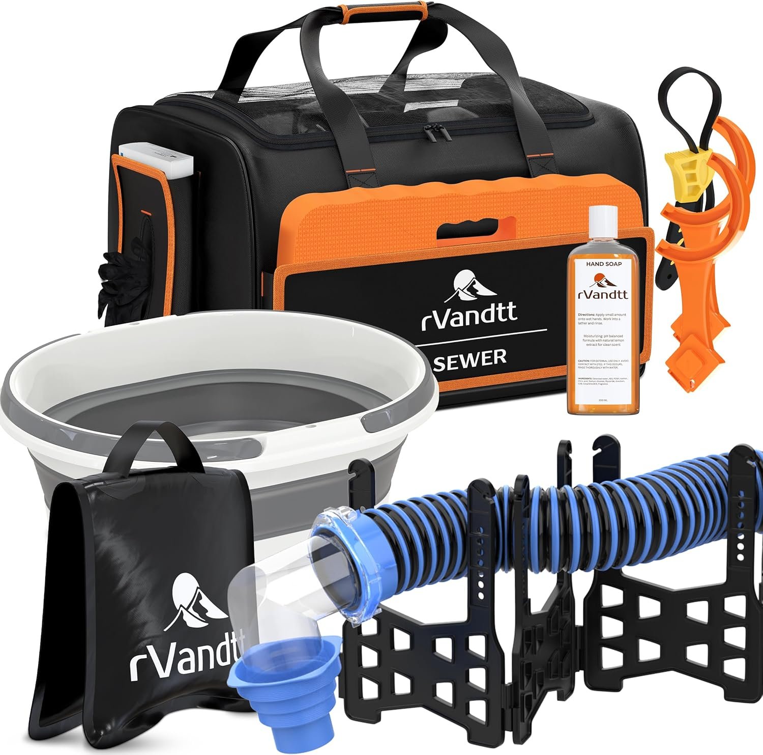 RV Sewer Accessories Kit – 15ft Sewer Hose w/4in1 Adapter, Stand, Collapsible Bucket, Nitrile Gloves, Hand Cleaner, Wrenches, Kneeling Pad, Hose Weight, and Custom Bag