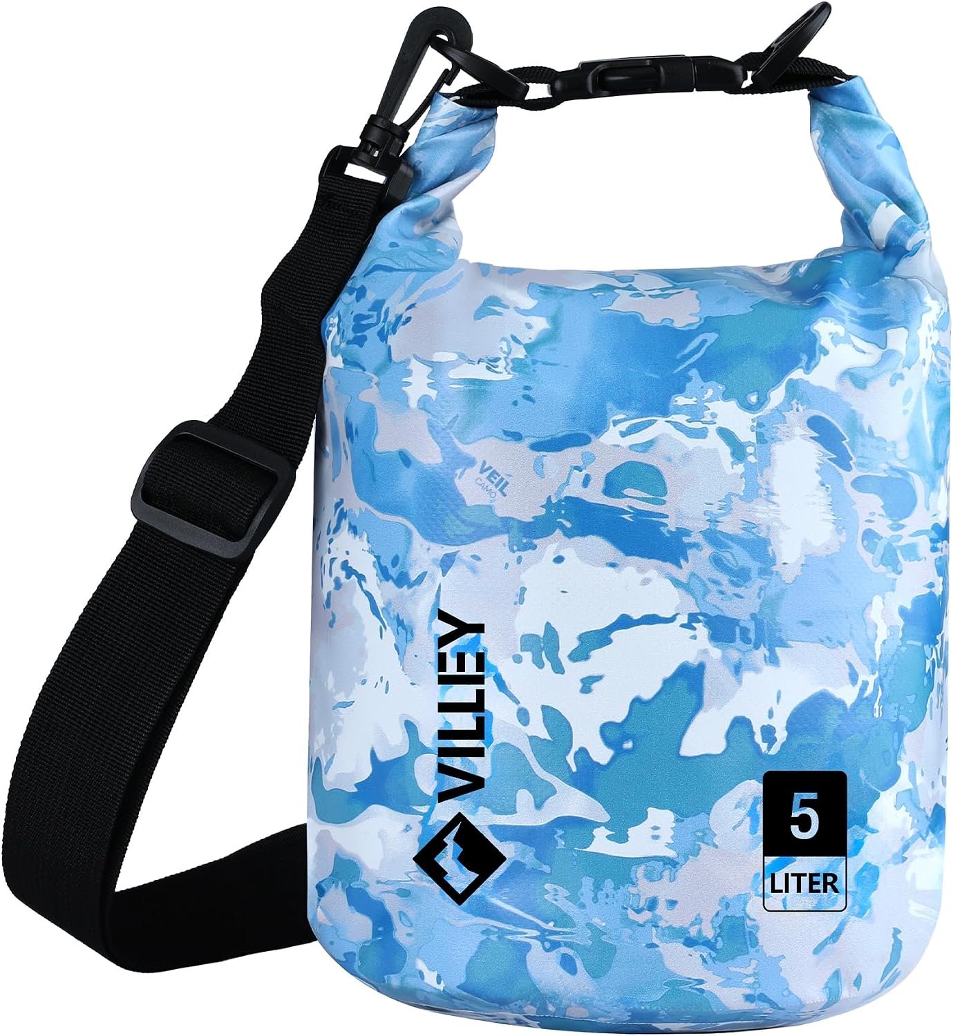 VILLEY Dry Bag Waterproof 5L Roll Top Storage Backpack, Keeps Gear Dry Lightweight Backpack for Kayaking Boating Camping Swimming and Beach Accessories Blue Camo
