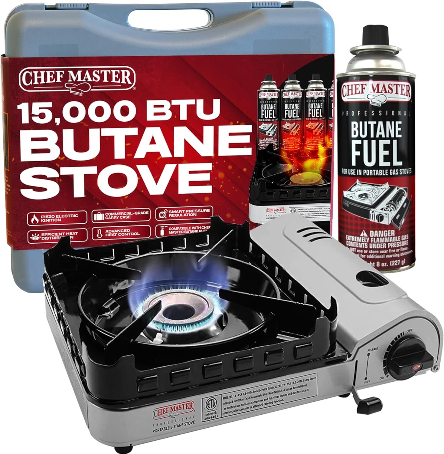 Chef Master 15,000 BTU Butane Portable Camp Stove | Double Wind-Guard Portable Stove Burner w/Piezo Click Ignition for Emergencies, Tailgating, Hiking, Backpacking & Camping Essentials – 90019