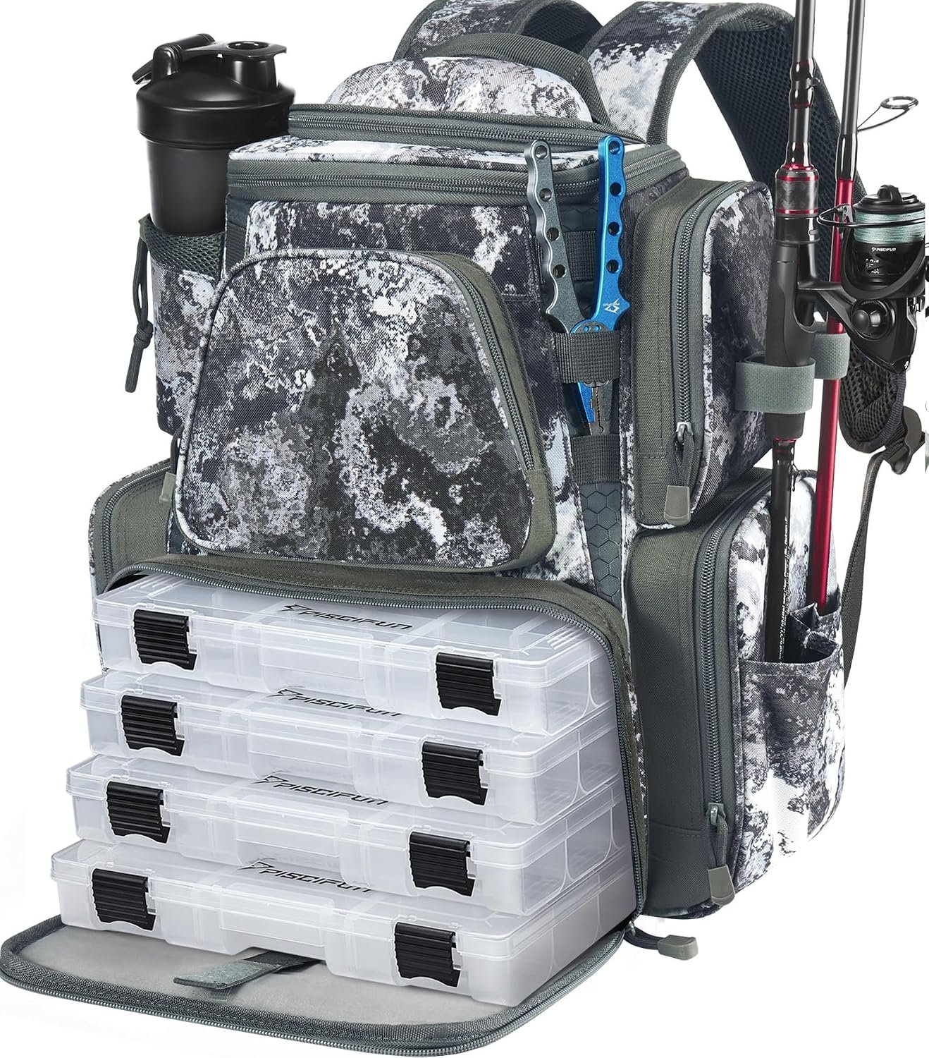 Piscifun Fishing Tackle Backpack with 2 Rod Holders, 4 Boxes & Rain Cover | Multi-pocket storage, fits 3600/3700 trays, bottle holder, padded straps for bank fishing