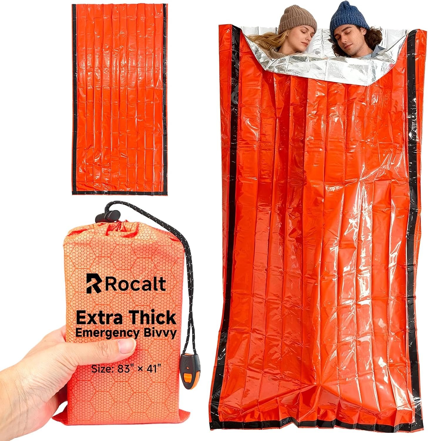 Rocalt Emergency Sleeping Bag, Waterproof Mylar Thermal Bivy Sack | Reflects up to 90 percent body heat, 11 oz pack, whistle and safety orange finish, for hiking, car kits and survival