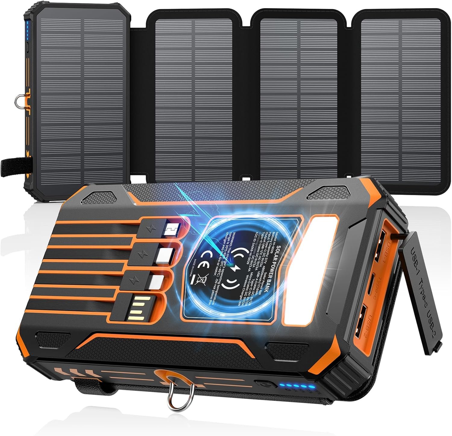 SOARAISE Solar Charger Power Bank – 48000mAh Wireless Portable Charger Built-in 4 Cables and 4 Solar Panels, PD QC 3.0 Fast Charging USB C Battery Pack with Flashlight for Camping Travel