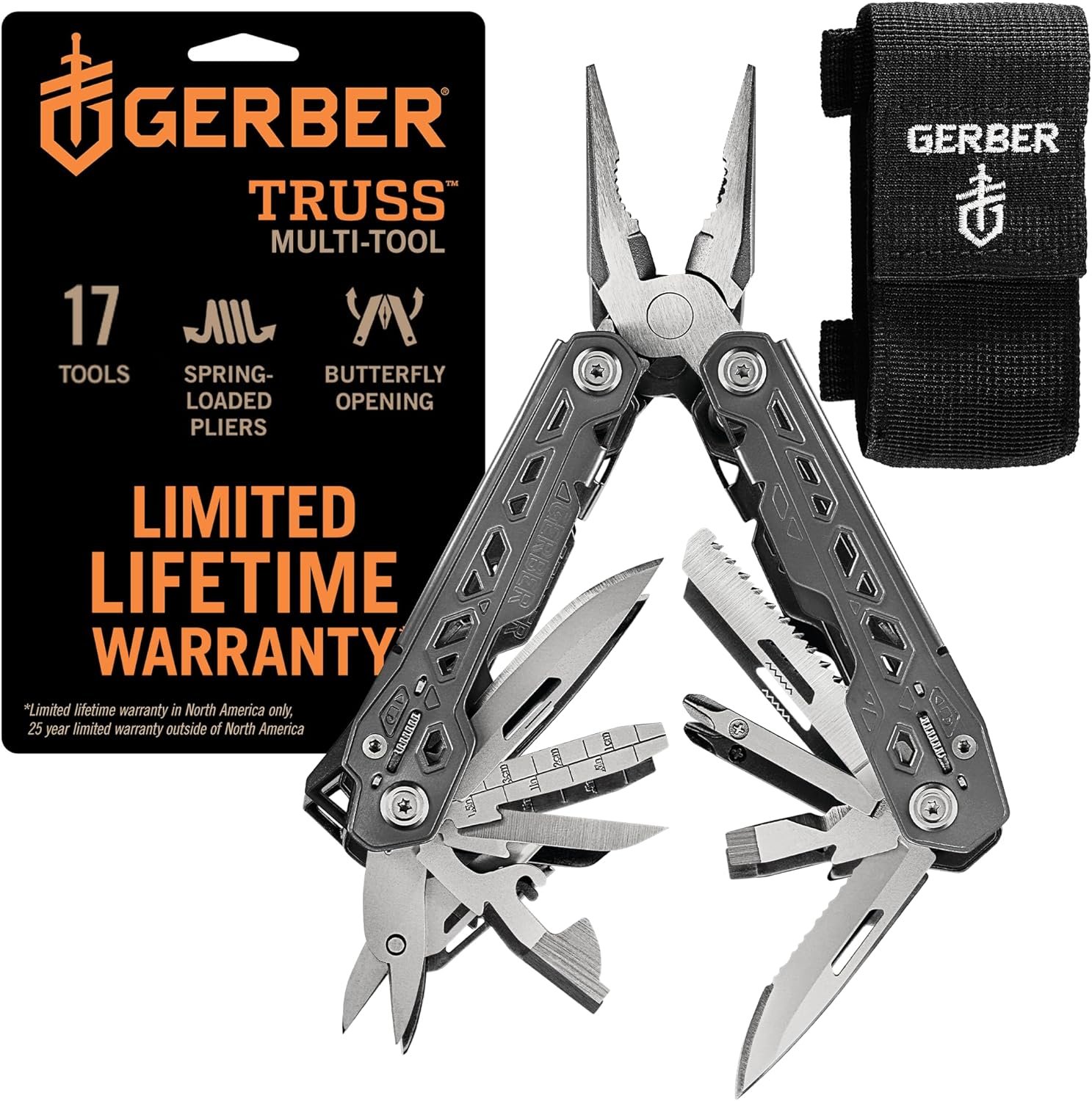 Gerber Gear Truss 17-in-1 EDC Needle Nose Pliers Multi tool – includes Pocket Knife, Screwdriver, and Bottle Opener Accessories – Gifts for Men, Fishing and Camping Gear – Gray with Standard Sheath