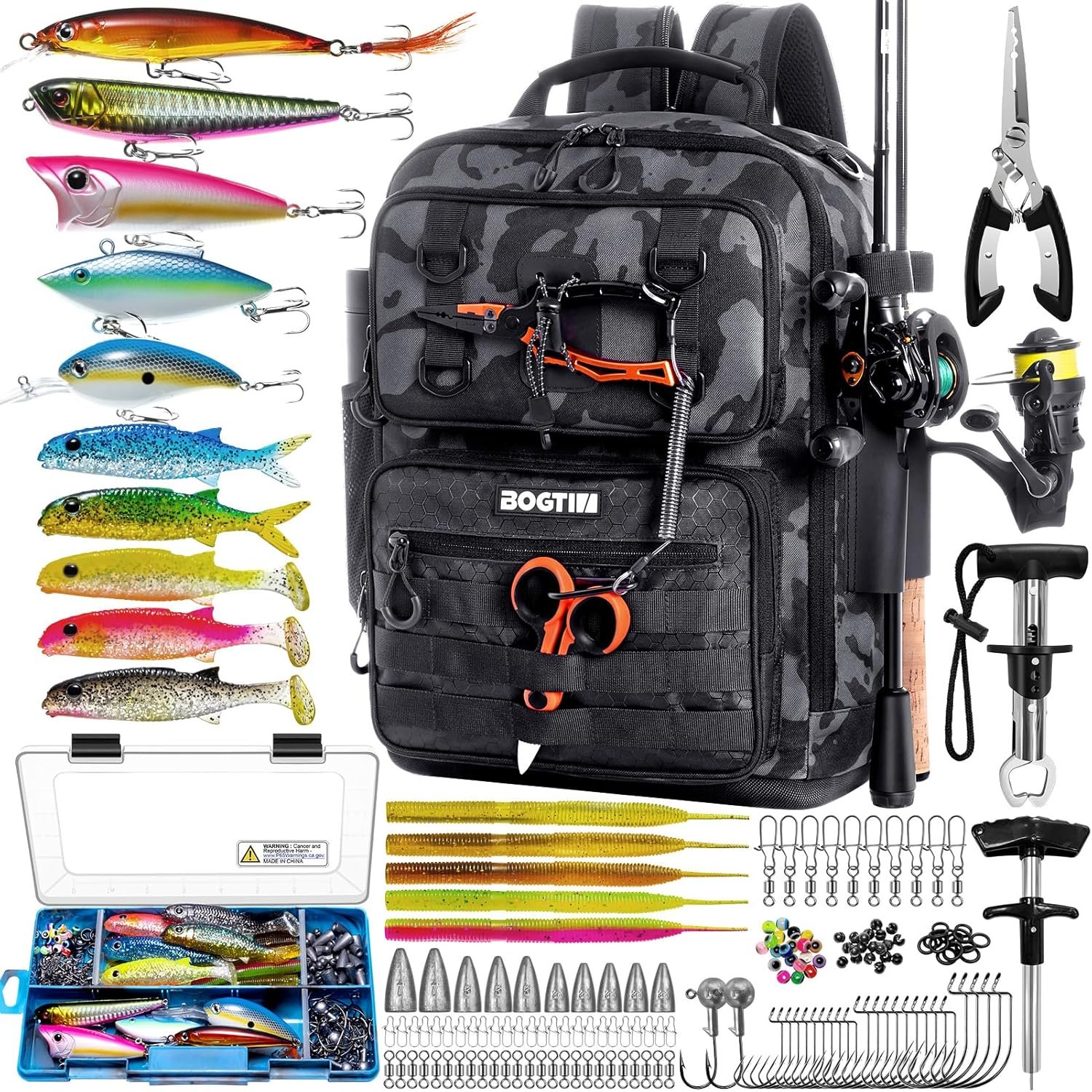 Fishing Backpack with Tackle Boxes and Rod Holders, Fishing Bag with Fishing Lure Kit Water-resistant Sling Tackle Bag Store Gear and Equipment, Bait Gifts for Men Woman Anglers-Camo Backpack