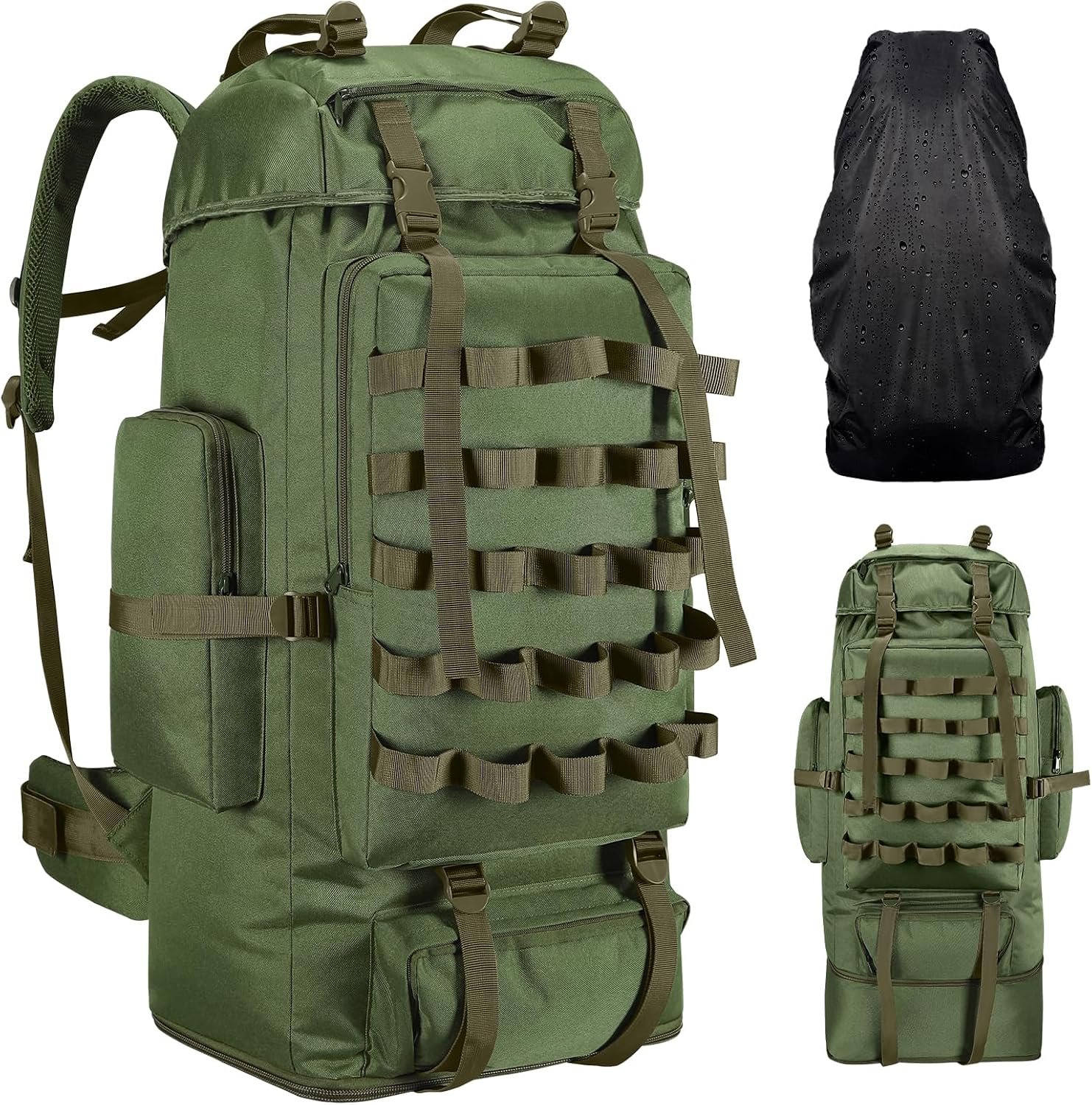 70L/100L Camping Hiking Backpack with Rain Cover, Expandable Large Military Tactical Backpack, Waterproof Molle Racksack Travel Backpacking Daypack for Climbing Trekking (Green)