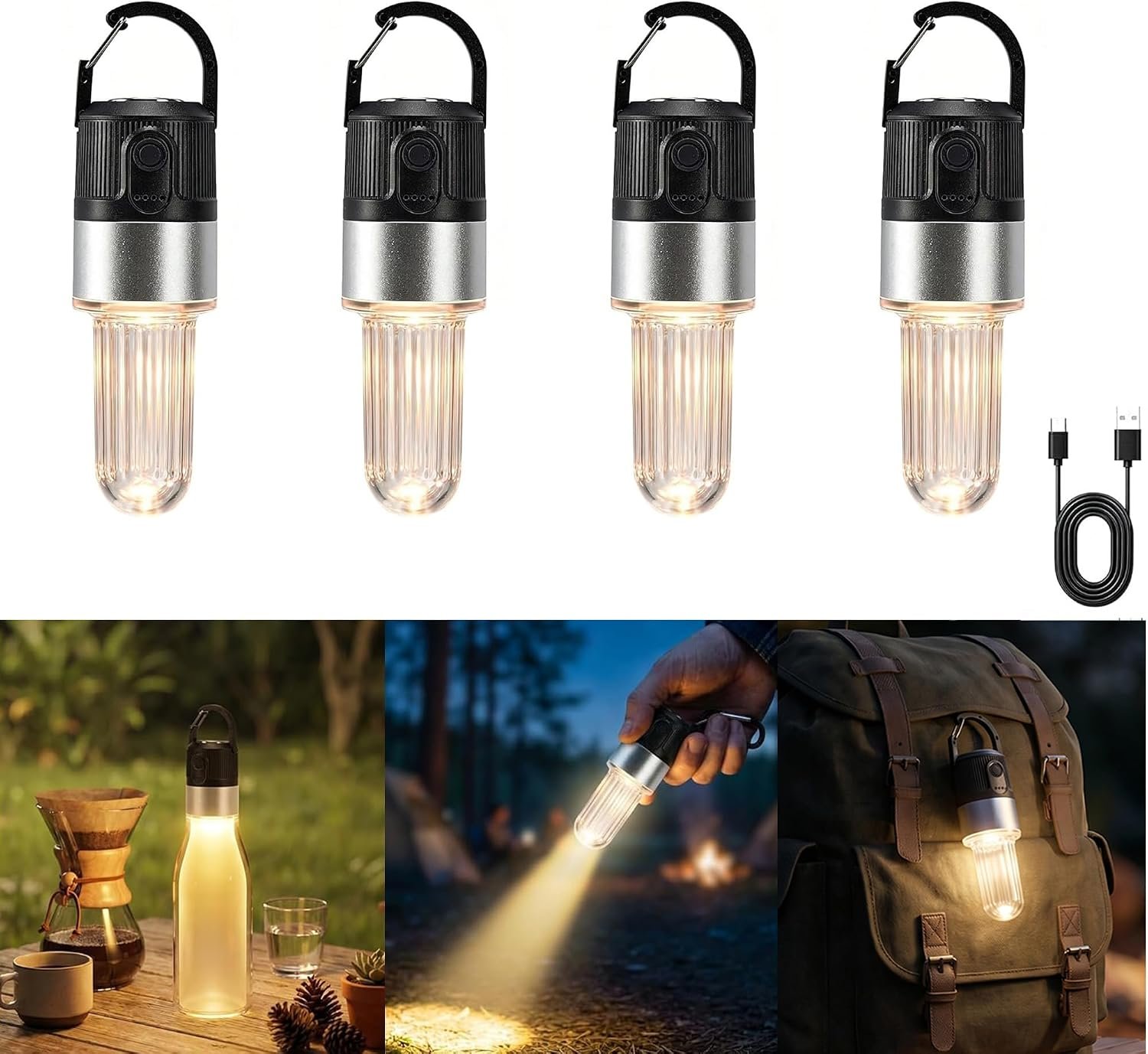 pearlstar 4 Pack Led Camping Lantern USB Rechargeable Outdoor Tent Lights with Clip for Hanging Hook Camping Flashlight Emergency Lamp, 4 Modes/IPX5 Waterproof/Battery Powered (Black)
