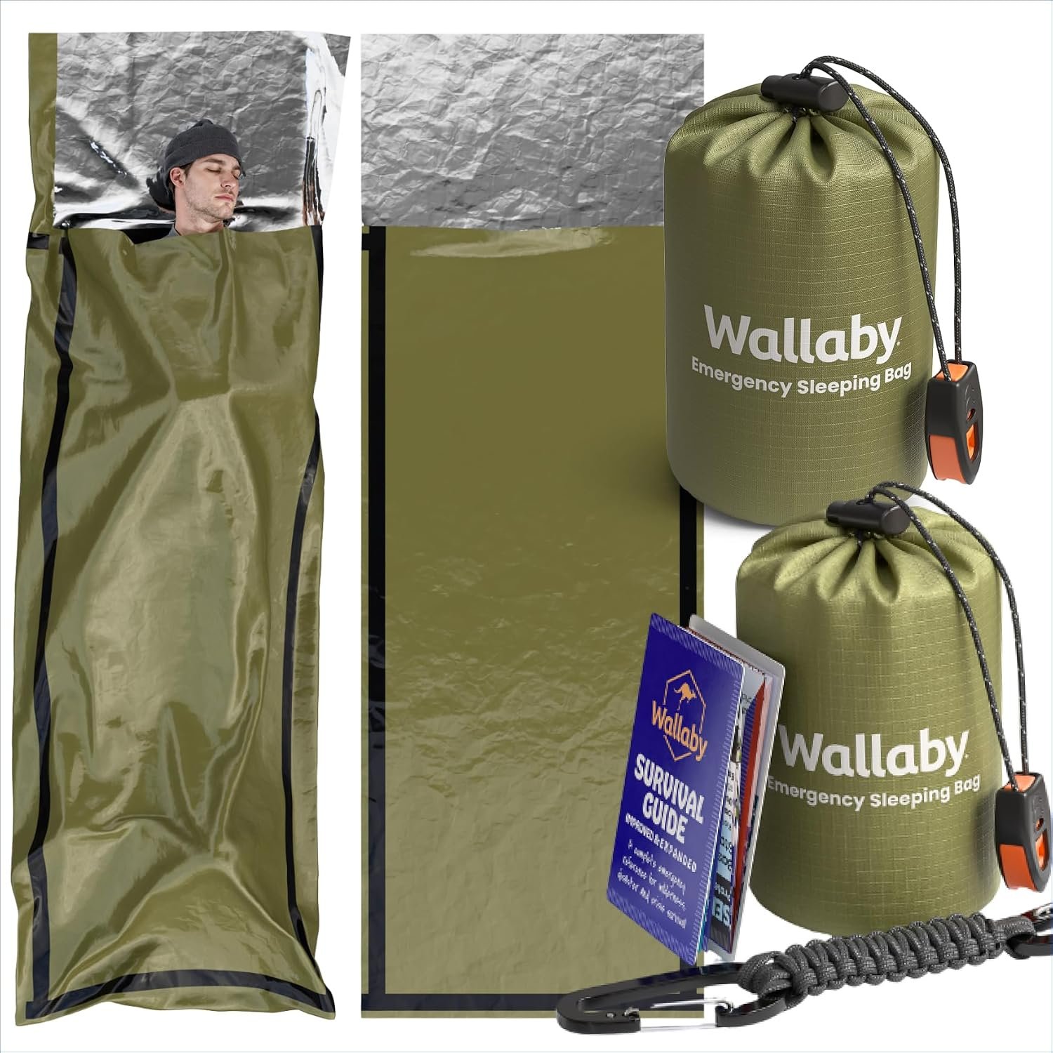 Wallaby 2-Pack Emergency Mylar Sleeping Bags with Nylon Pouches, Whistle Pull & Paracord with Carabiners, Free Survival Guide – Hiking, Survival