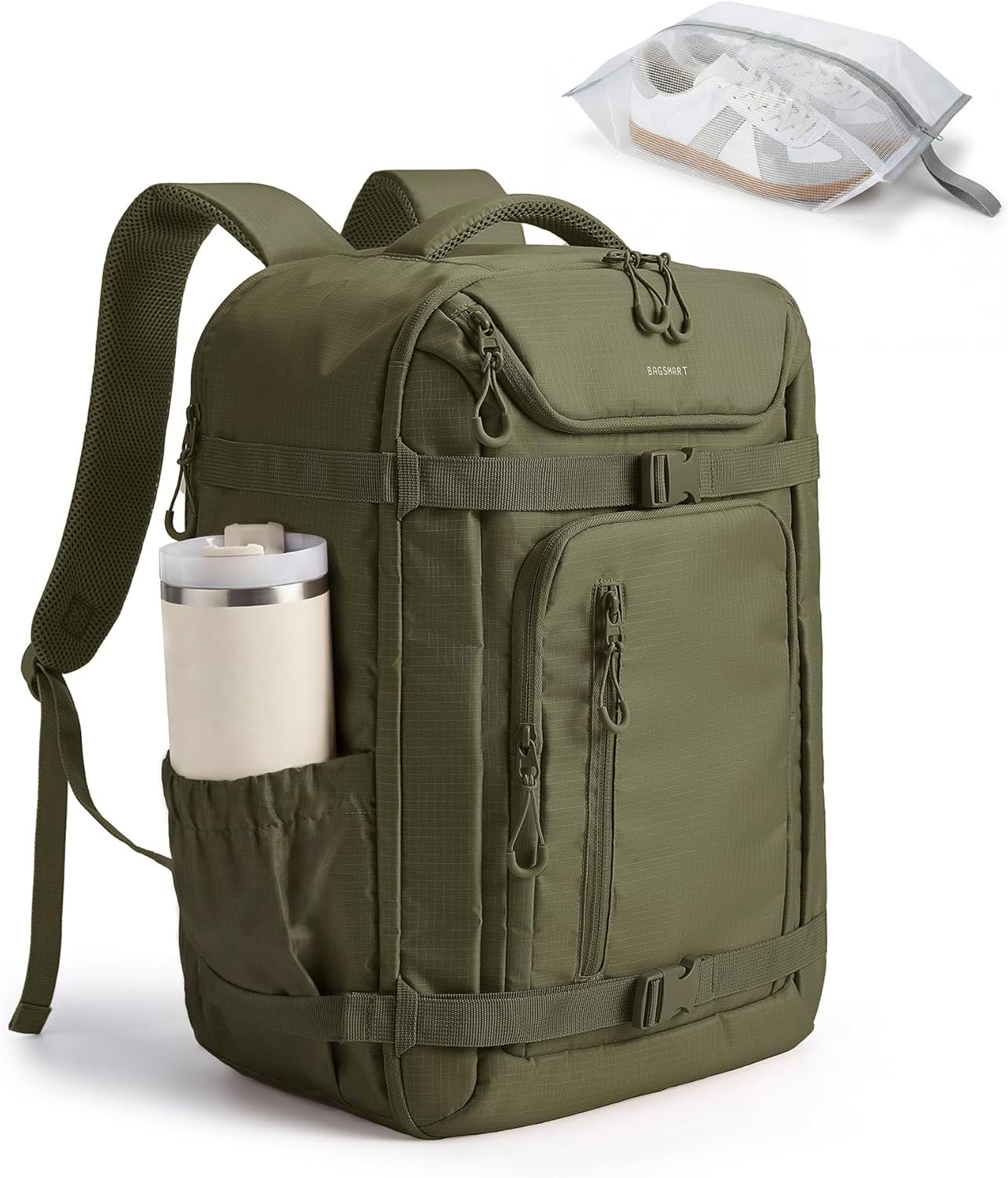 BAGSMART 35L Travel Backpack for Women & Men Fits 17-Inch Laptop, Airline Approved Carry On Backpack with Wet Pocket & Shoe Pouch, Water-Resistant Personal Item Travel Bag, Olive green
