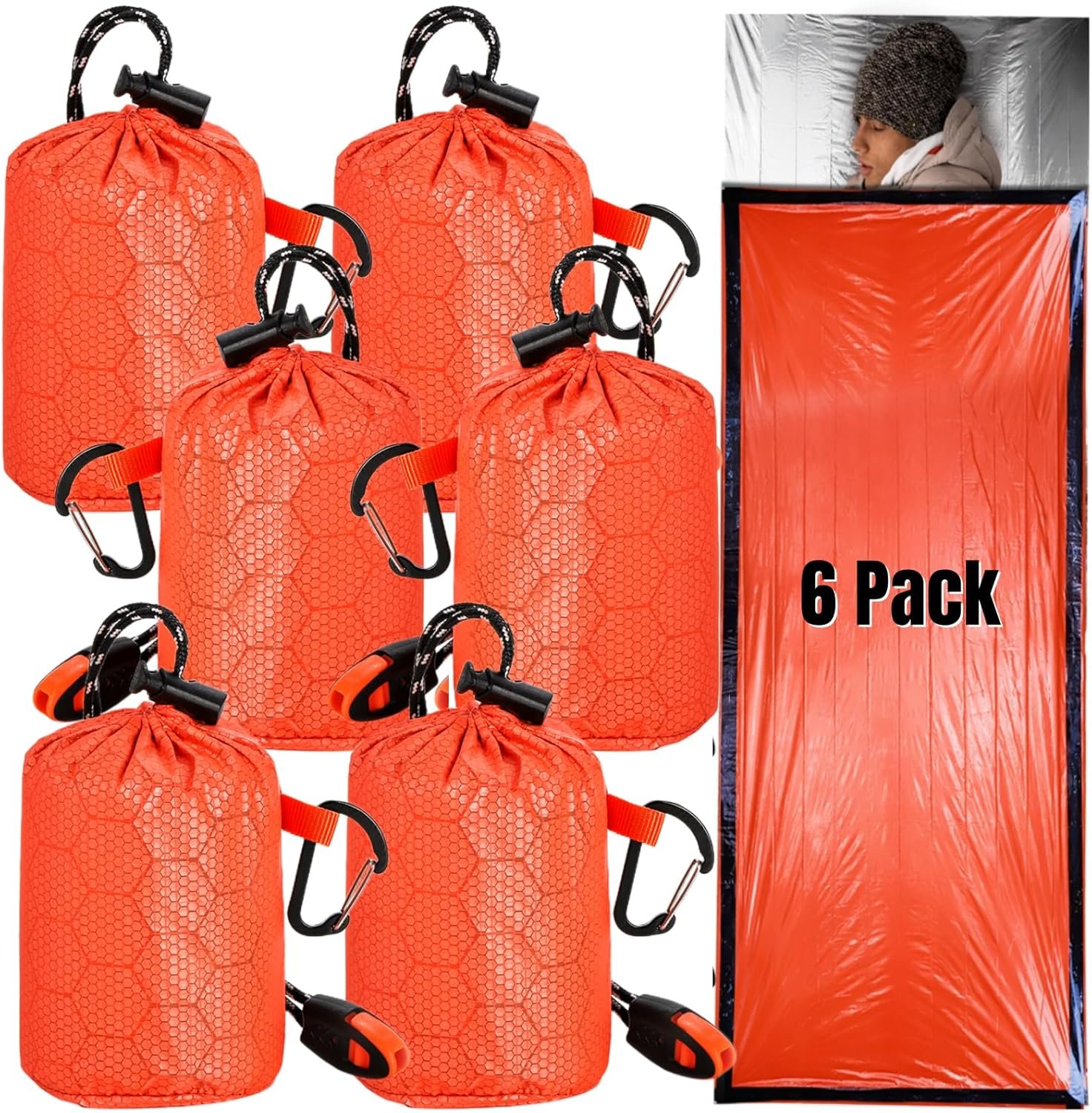 Noamus 6 Pack Emergency Survival Sleeping Bags, Thermal Bivy Sack Blanket, Lightweight Portable Nylon Sack with Whistle, Aluminized PE Survival Gear Supplies for Camping Hiking, Outdoor Adventure
