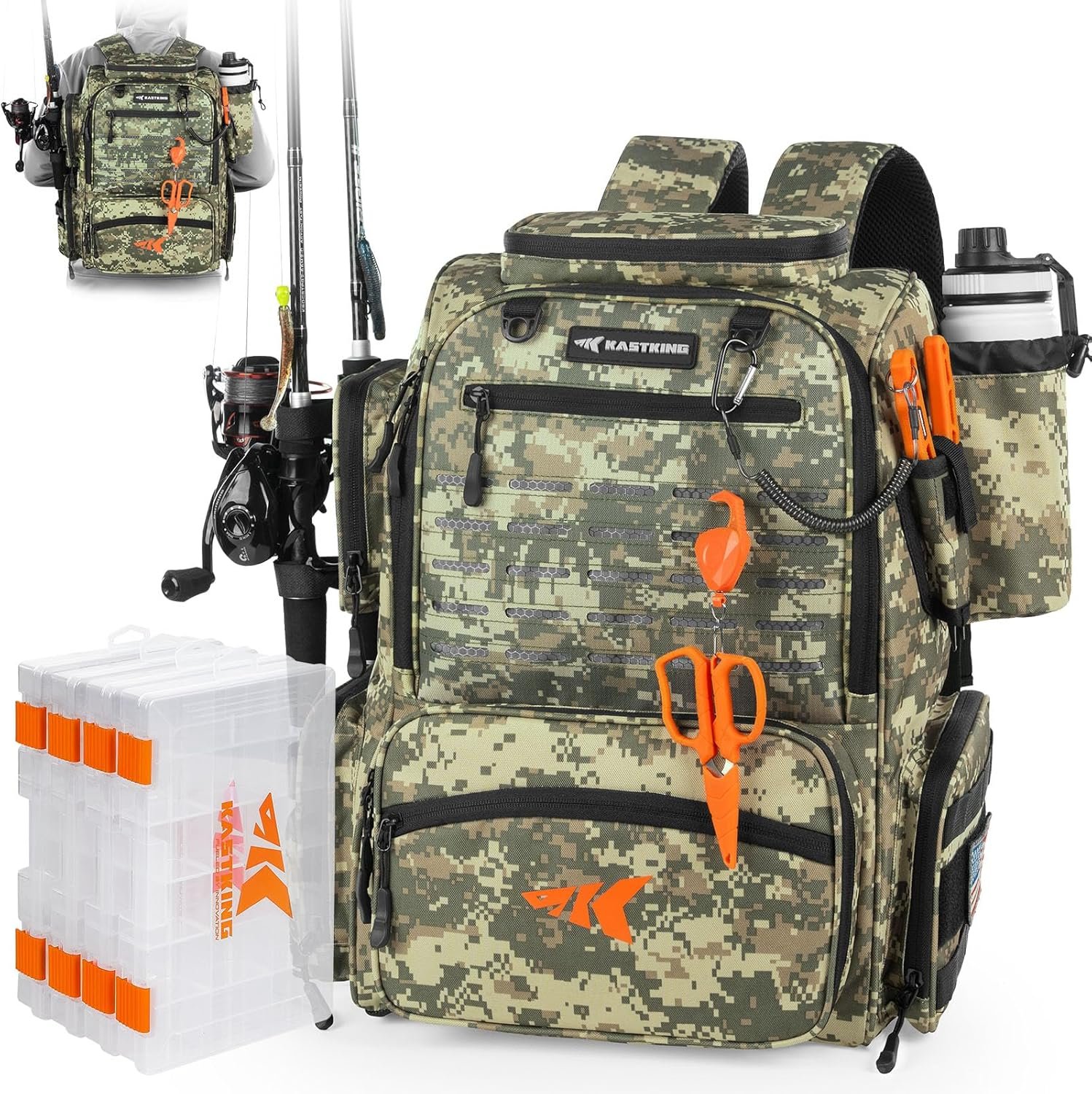 KastKing Bait Boss Fishing Tackle Backpack with Rod Holders-4 Tackle Boxes-Rain Cover,Storage for Fishing Gear