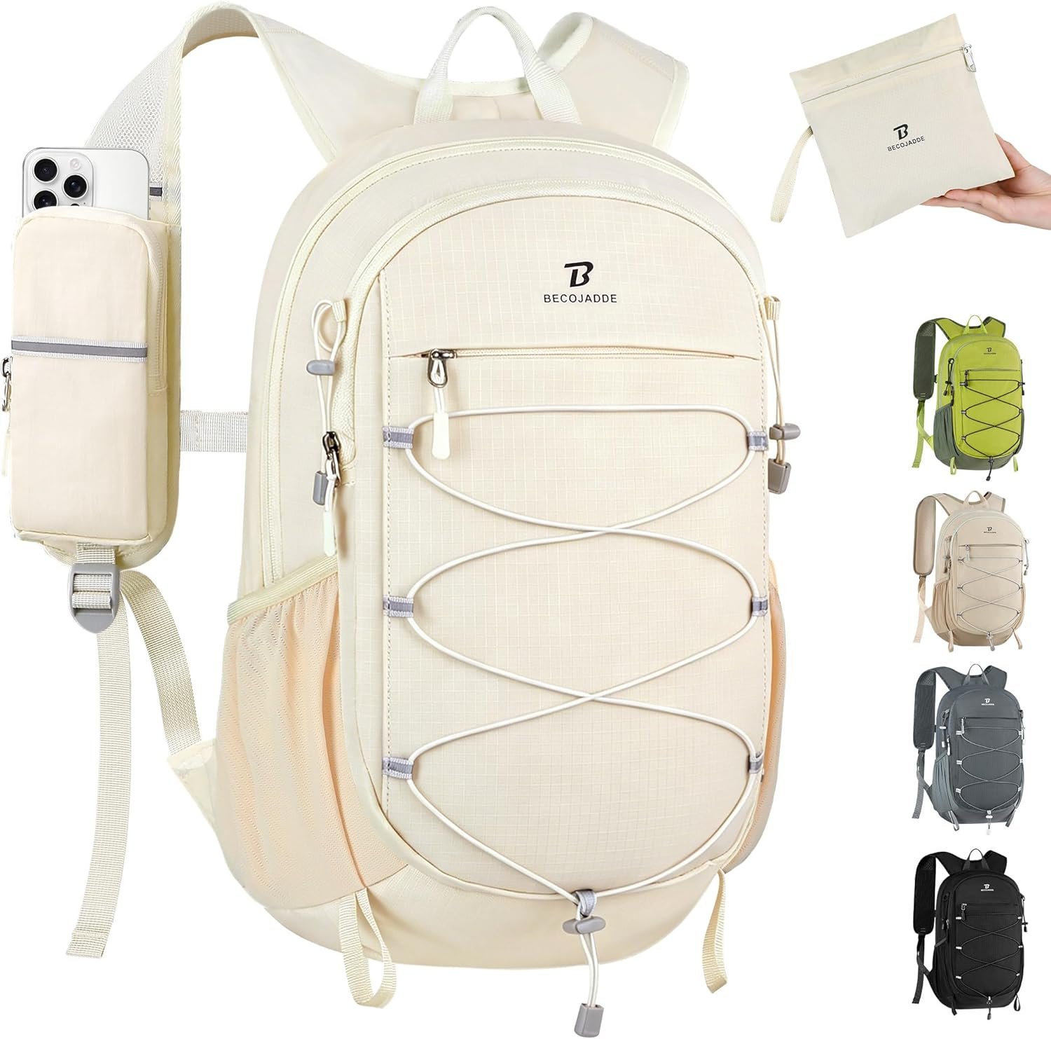 BECOJADDE Hiking Backpack 15L Small Backpack Packable Day pack Water Resistant Lightweight Travel Backpack for Women Men with Shoulder Strap Pockets for Hiking Camping Outdoor, Beige