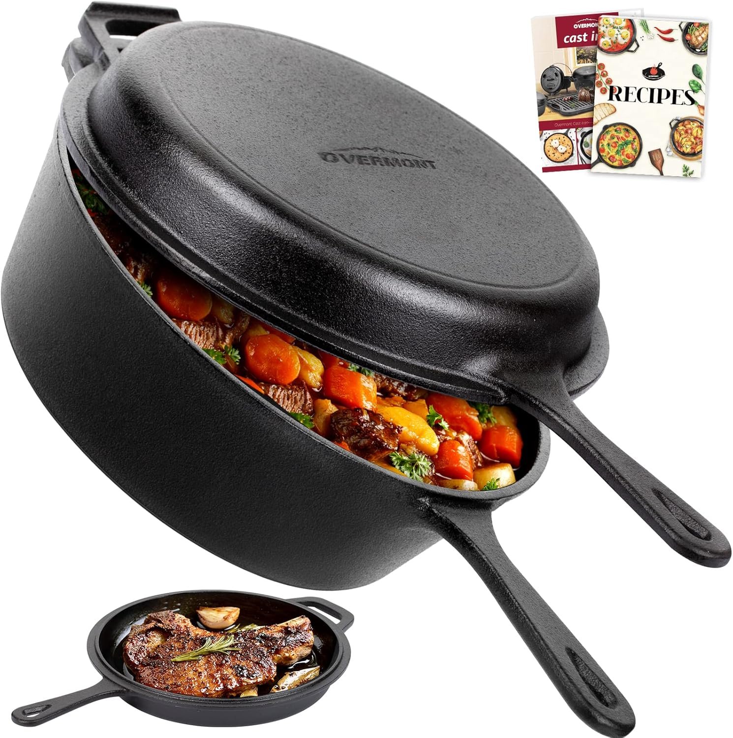 Overmont Cast Iron Skillet with Lid – 2-in-1 Cast Iron Dutch Oven – 3.2QT Deep Pot with Frying Pan – Pre-seasoned Cookware Multi Cooker Skillet – Dutch Oven Pot with Recipe for Grill Induction Stovetop Camping(10.5″)