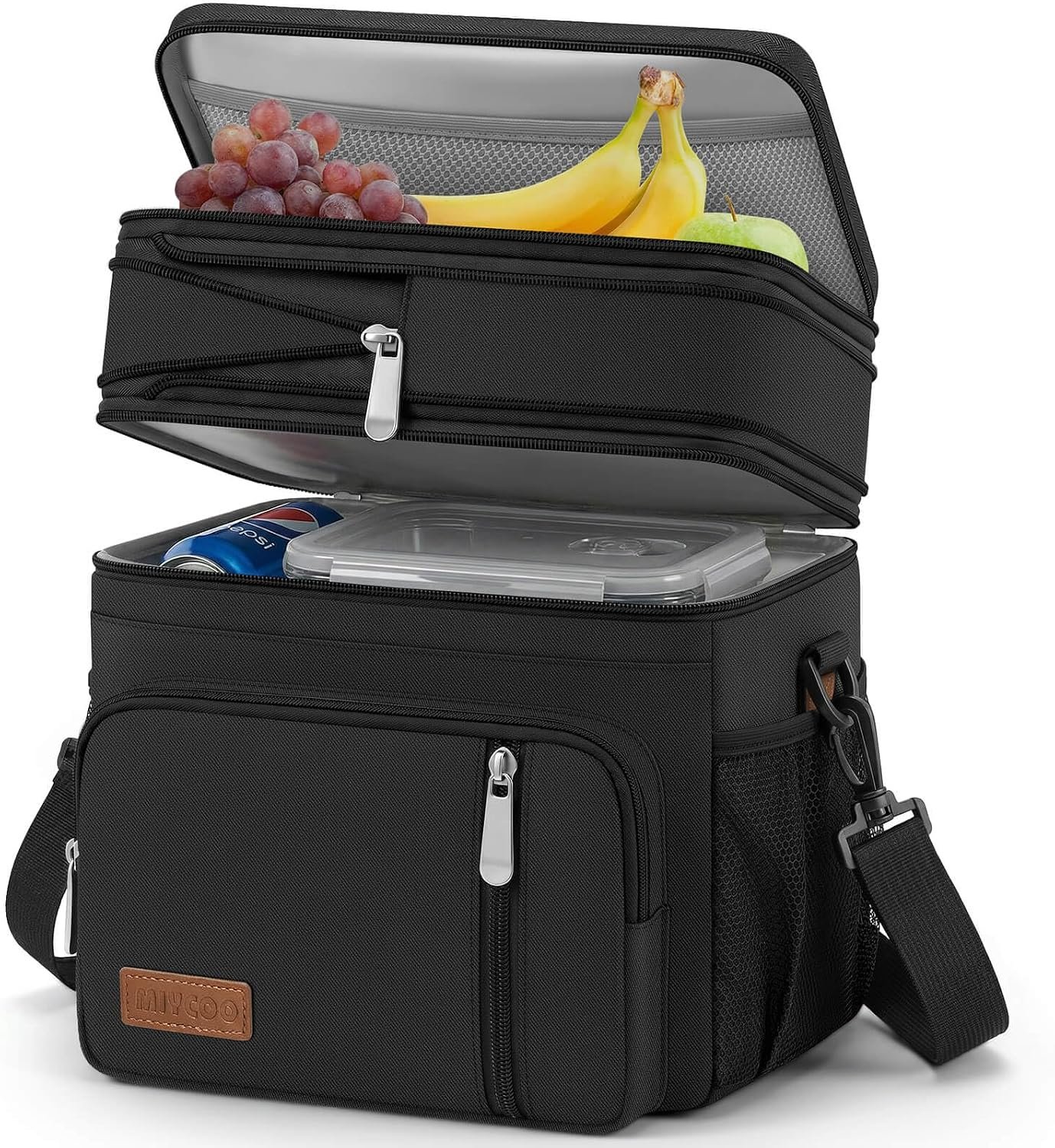 MIYCOO Lunch Bag & Lunch Box for Men Women, Double Deck Leakproof Insulated Soft Large Adult Camping Cooler bag for Work, Beach, Picnic, Travel (Black, 15L)