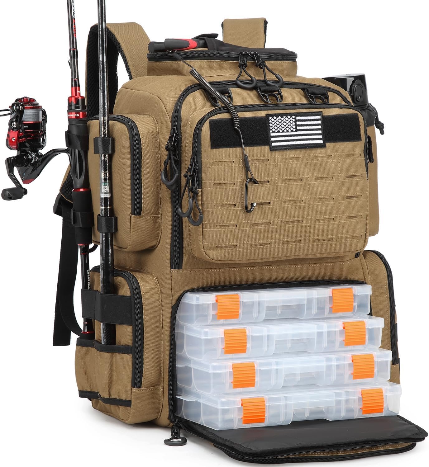 Tactical Fishing Backpack with Tackle Boxes, Rod Holders & Bottle Holder, 50 L Large Insulated Fishing Tackle Box Backpack with Cooler, Fishing Bag Store Gear & Equipment, 900 D Oxford, Brown